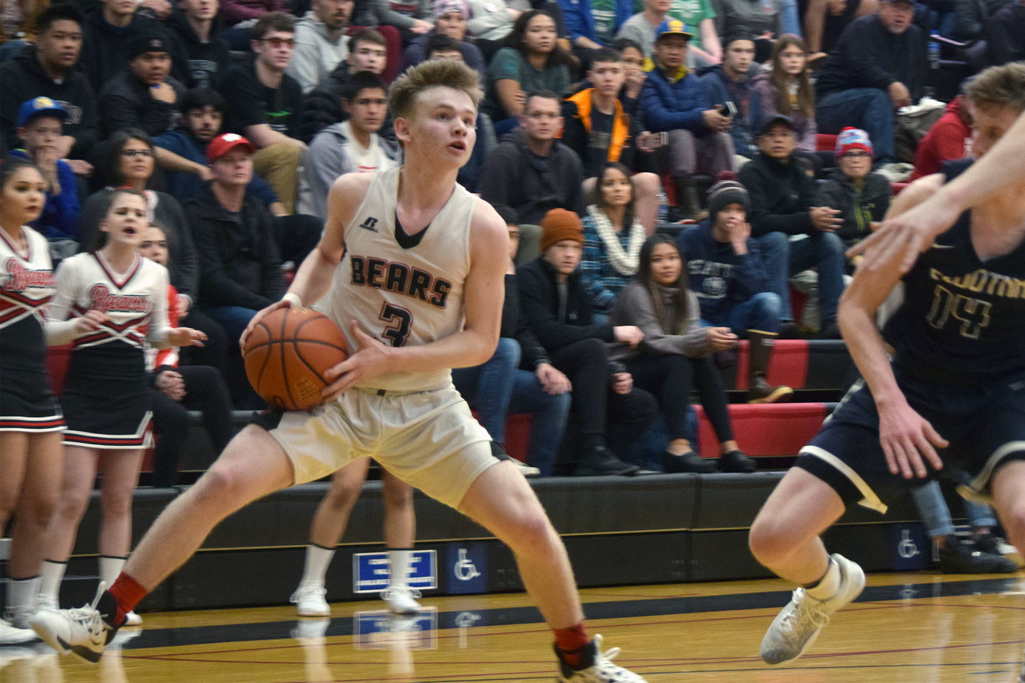 Juneau-Douglas High School: Yadaat.at Kale senior Austin McCurley creates separation for a jumpshot while playing against Soldotna in the Princess Cruises Capital City Classic on Monday, Dec. 30, 2019. (Nolin Ainsworth | Juneau Empire)