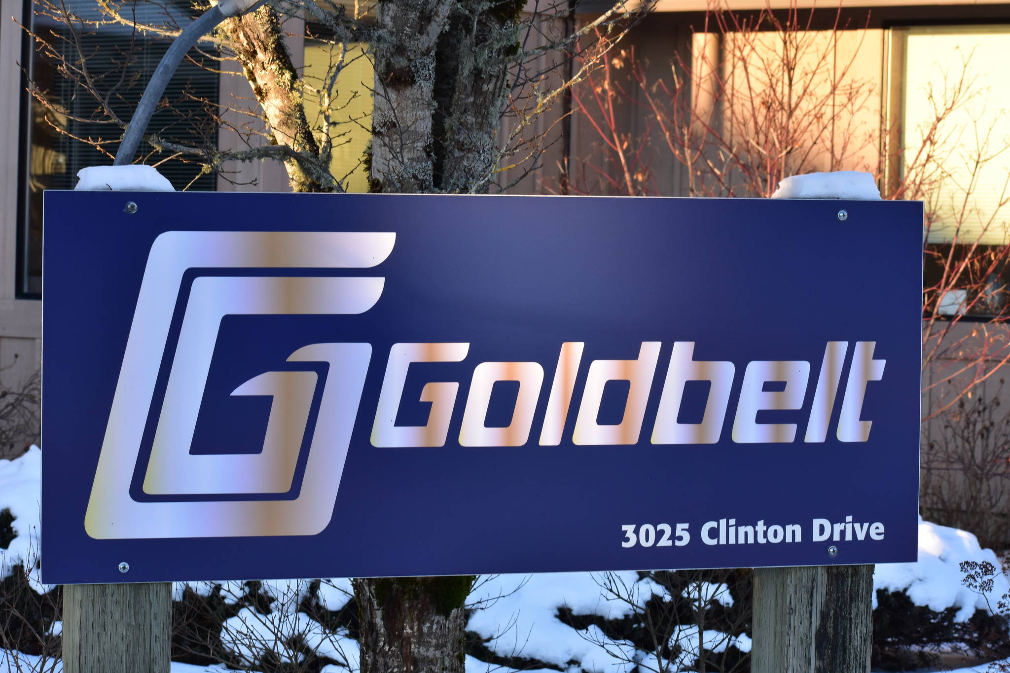 A sign outside of Goldbelt Inc.’s offices on Clinton Drive on Sunday. (Peter Segall | Juneau Empire)