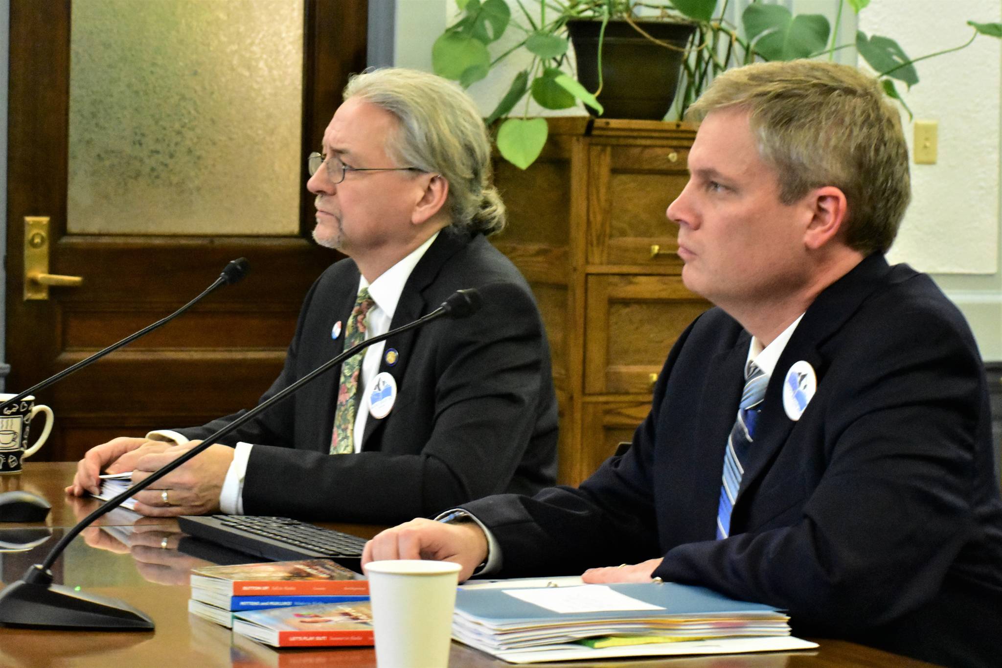 Sen. Tom Begich, D-Anchorage, left, and Education Commissioner Michael Johnson at a answer questions about the Alaska Reads Act at a Senate Education Committee meeting on Thursday, Jan. 23, 2020. (Peter Segall | Juneau Empire)
