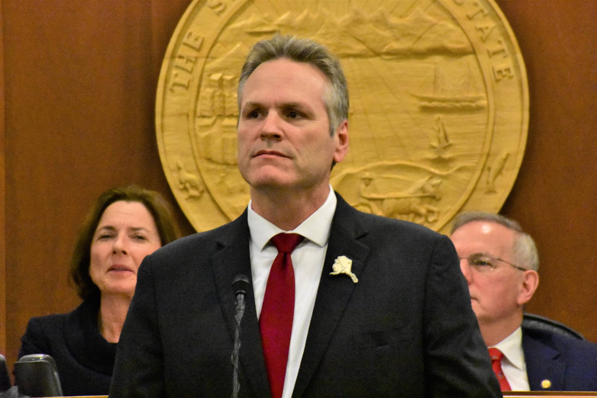 Peter Segall | Juneau Empire                                 Gov. Mike Dunleavy gives his State of the State address before a joint session of the Alaska Legislature on Monday, Jan. 27, 2020.