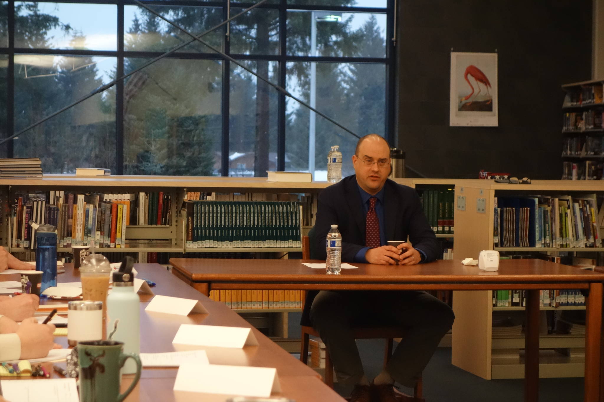 Jon “Caen” Dowell, assistant principal for Nome-Beltz Junior/Senior High School, interviews for the Thunder Mountain High School principal position. (Ben Hohenstatt | Juneau Empire)