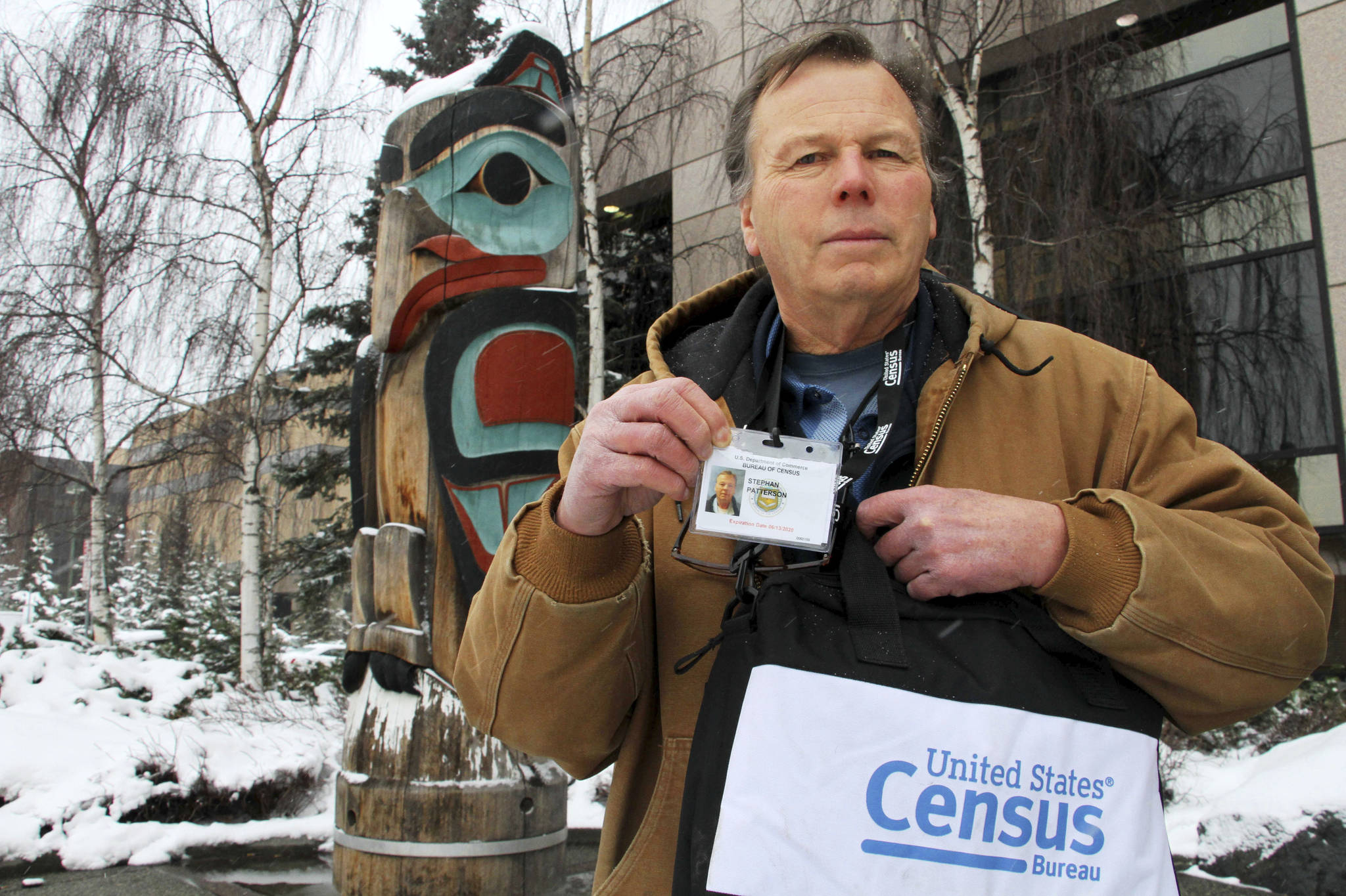 Stephan Patterson poses for a photo in Anchorage in this Friday, Feb. 21, 2020 photo, Patterson and other U.S. Census takers are reporting problems when conducting first-in-the-nation counts in rural parts of Alaska, including lack of communication about assignments, frustration with a smartphone app for filing time sheets and disappointment when they find out they are not being reimbursed for purchasing cold-weather gear. (AP Photo | Mark Thiessen)