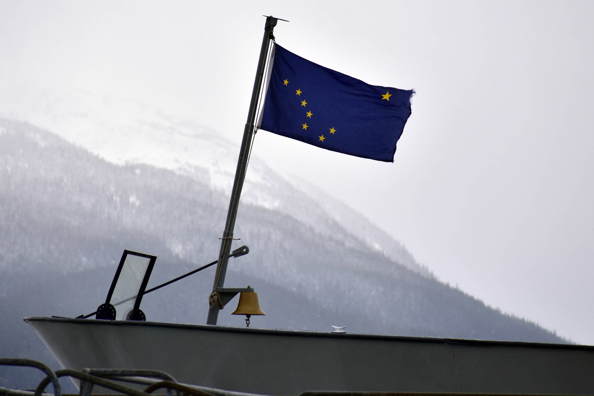 The Alaska state flag on the bow of the MV Matanuska at the Auke Bay Ferry Terminal on Thursday, Feb. 6, 2020. (Peter Segall | Juneau Empire)