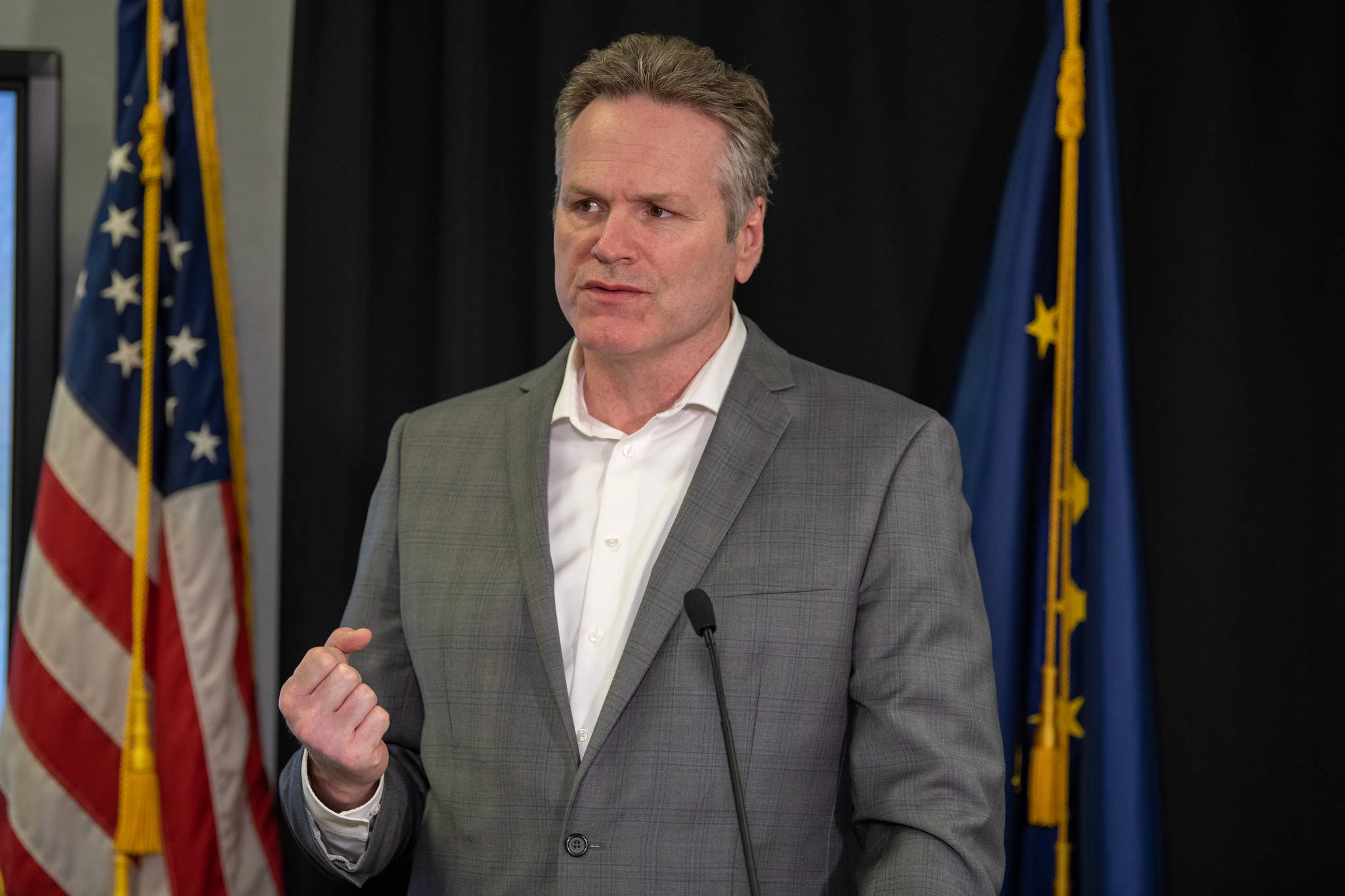 Gov. Mike Dunleavy at a press conference in Anchorage on Monday, March 30, 2020. (Courtesy photo | Office of Gov. Mike Dunleavy)