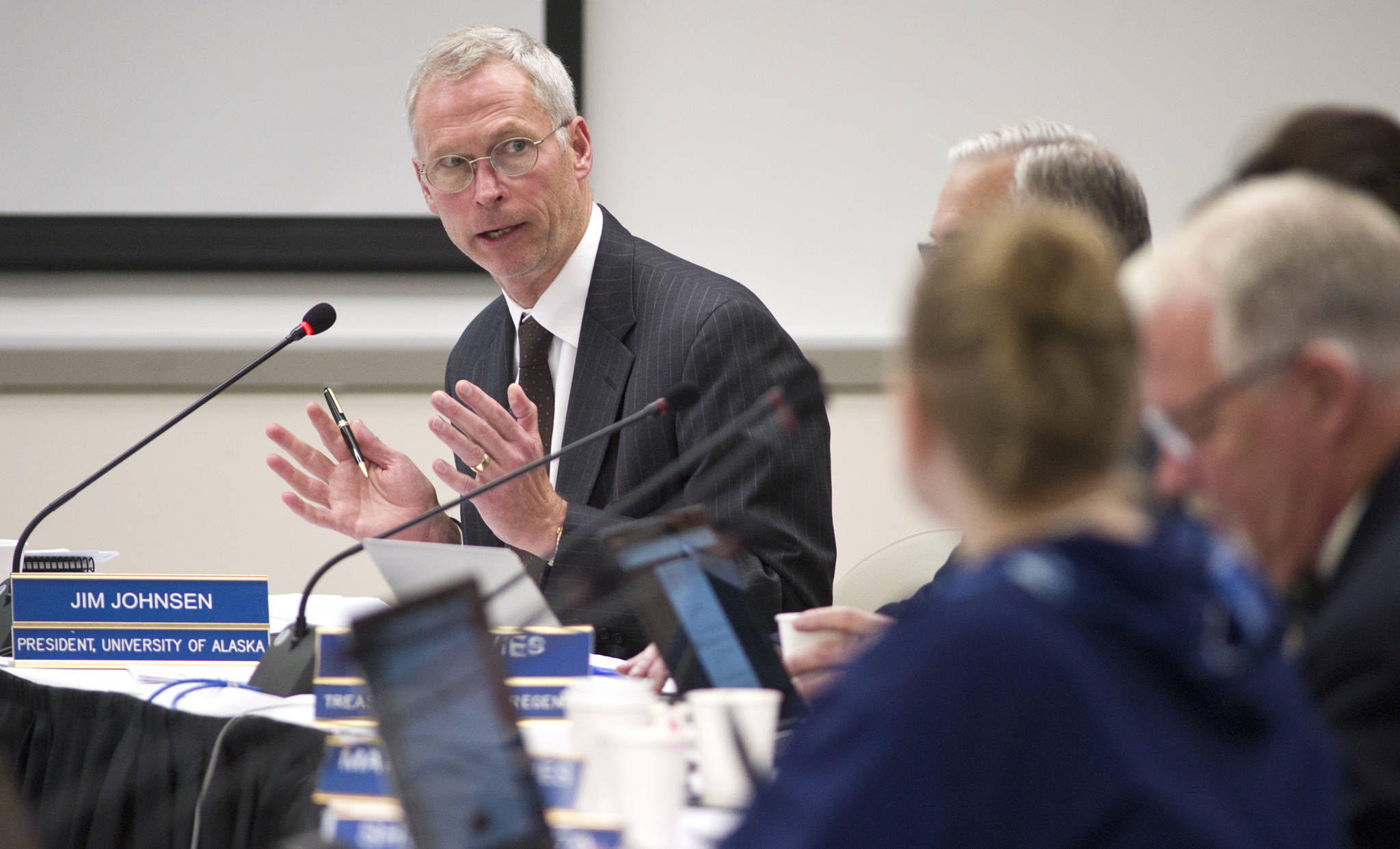 University of Alaska President Jim Johnsen makes his presentation to the university’s Board of Regents at the UAS Recreation Center in August 2016. (Michael Penn | Juneau Empire File)