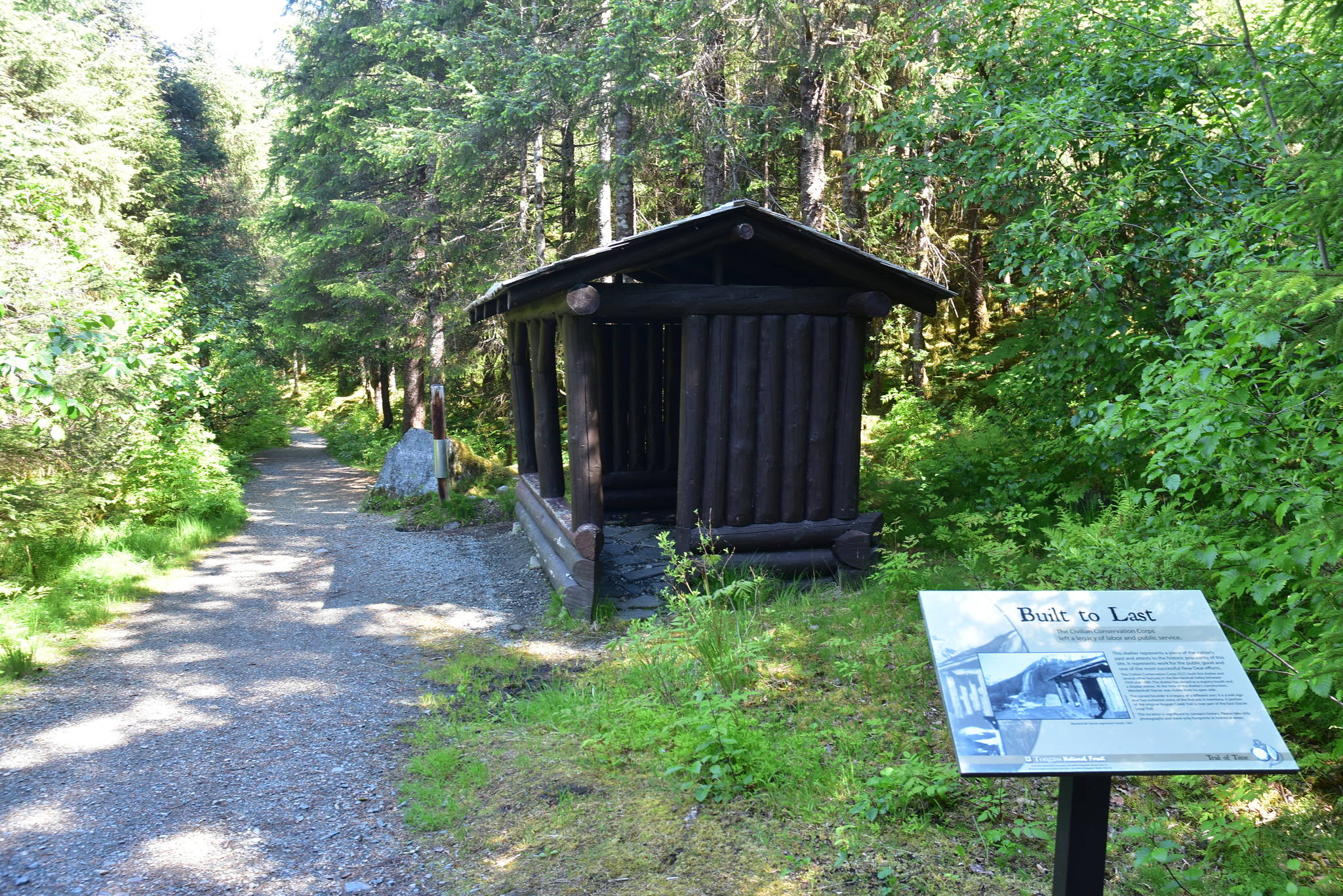 A recreation of a Civilian Conservation Corps shelter on a CCC-built Trail of Time behind the Mendenhall Glacier Visitor Center is seen on Friday, June 12, 2020. With high unemployment due to COVID-19, the New Deal program is providing a model for state and local work programs. (Peter Segall | Juneau Empire)