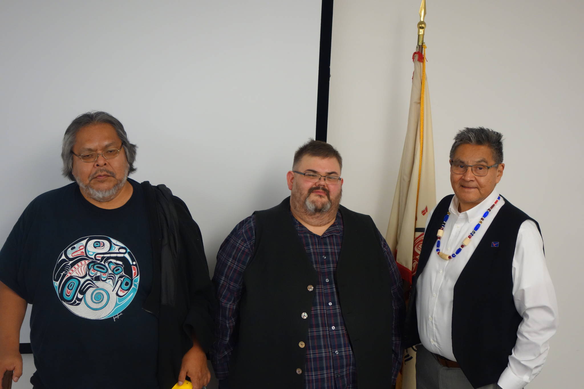 Ben Hohenstatt / Juneau Empire File                                 Organized Village of Kake President Joel Jackson, Central Council of Tlingit and Haida Indian Tribes of Alaska President Richard Chalyee Éesh Peterson and Organized Village of Saxman President Lee Wallace stand together following a meeting with United States Department of Agriculture Under Secretary Jim Hubbard in Juneau Saturday, Nov. 2, 2019. Tlingit and Haida, Kake and Saxman are among a network responding to the coronavirus.