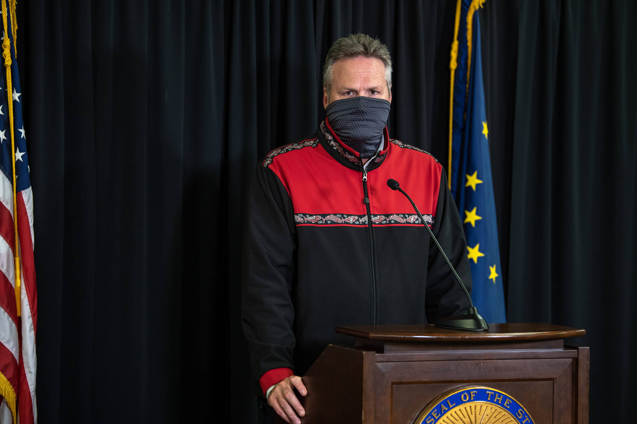 Gov. Mike Dunleavy at a press conference in Anchorage on Aug. 11, 2020. The governor and members of his administration will be holding another press conference at 5 p.m. Tuesday, Aug. 18. (Courtesy photo / Office of Gov. Mike Dunleavy)