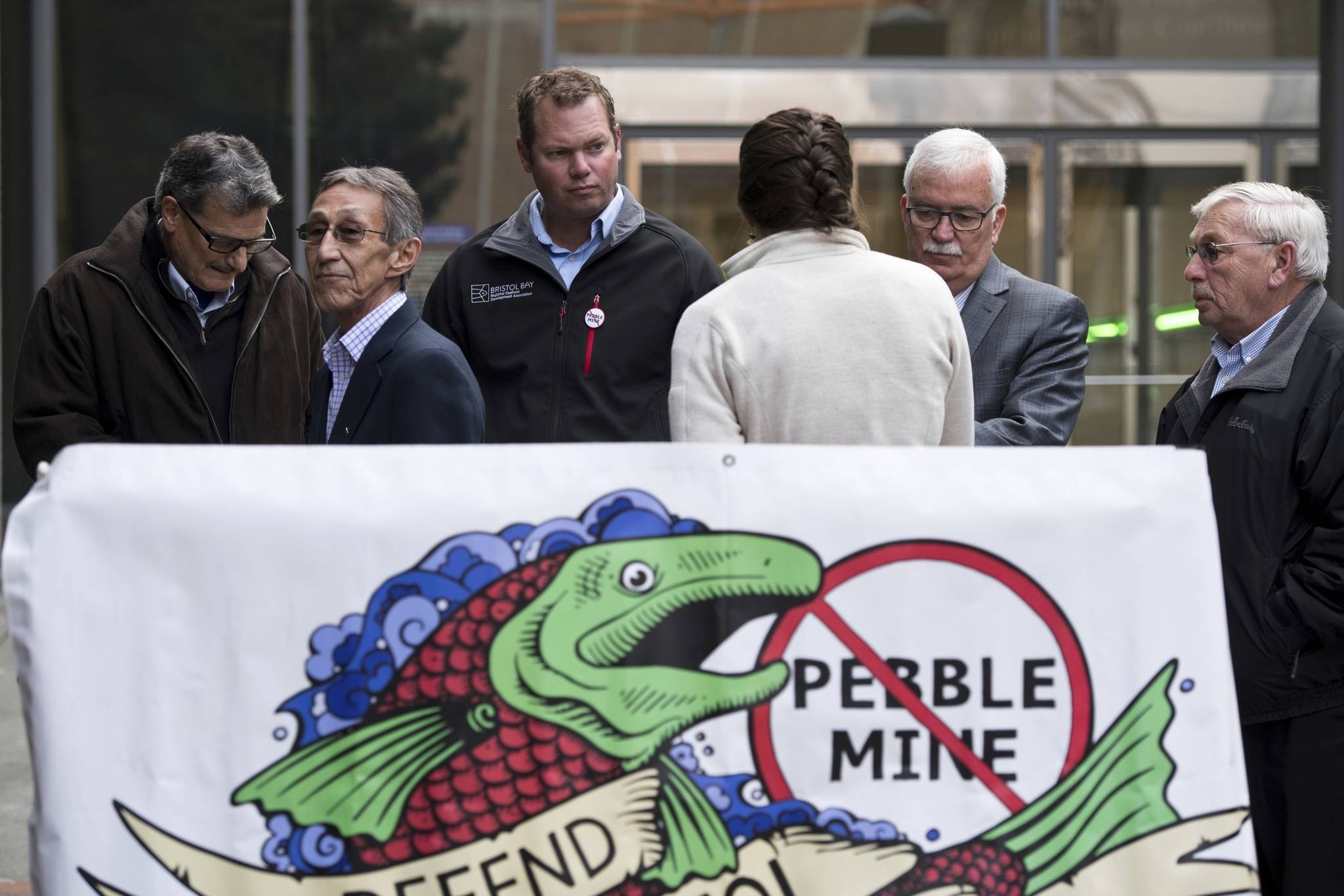 Bristol Bay Reserve Association Board member Mike LaRussa, Bristol Bay Native Association President/CEO Ralph Andersen, Bristol Bay Regional Seafood Development Association Executive Director Andy Wink, United Tribes of Bristol Bay Deputy Director Lindsay Layland, Bristol Bay Economic Development Corporation President and CEO Norm Van Vactor, and Robin Samuelson of Bristol Bay Native Corporation, make statements at the Federal Courthouse in Anchorage in October 2019. The Trump administration plans to block a proposed copper and gold mine near the headwaters of a major U.S. salmon fishery in Alaska, six people described as familiar with its plans told Politico on Saturday, Aug. 23, 2020. The administration’s rejection of the Pebble Mine project is expected to come after Trump faced pressure to stop it from GOP mega-donor Andy Sabin, Bass Pro Shops CEO Johnny Morris and his eldest son, Donald Trump Jr., Politico reported. (Marc Lester / Anchorage Daily News)