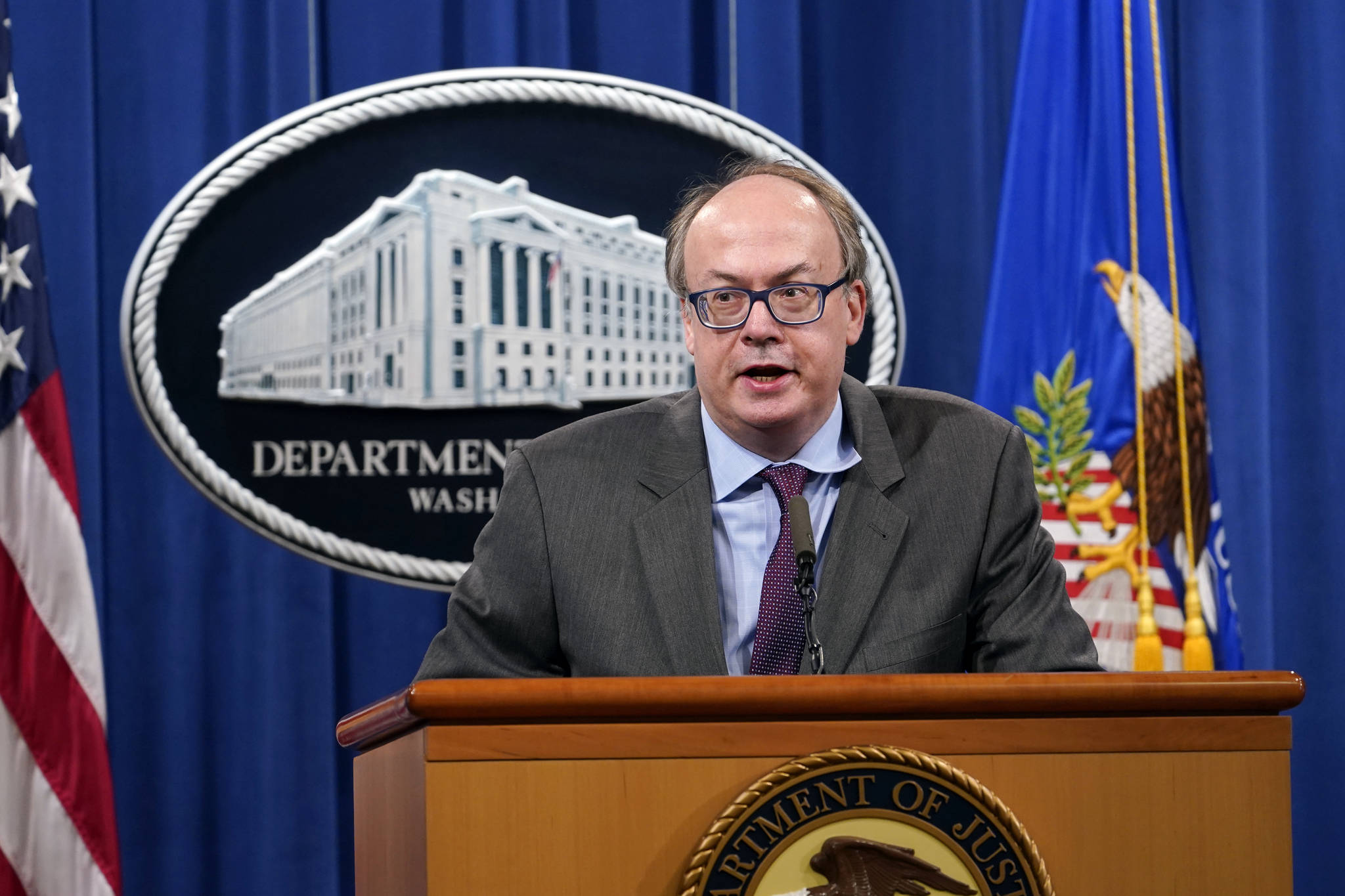 Jeff Clark, Assistant Attorney General for the Environment and Natural Resources Division, speaks during a news conference at the Justice Department in Washington, Monday, Sept. 14, 2020. Automakers Daimler AG and subsidiary Mercedes-Benz USA have agreed to pay $1.5 billion to the U.S. government and California state regulators to resolve emissions cheating allegations. (AP Photo / Susan Walsh)