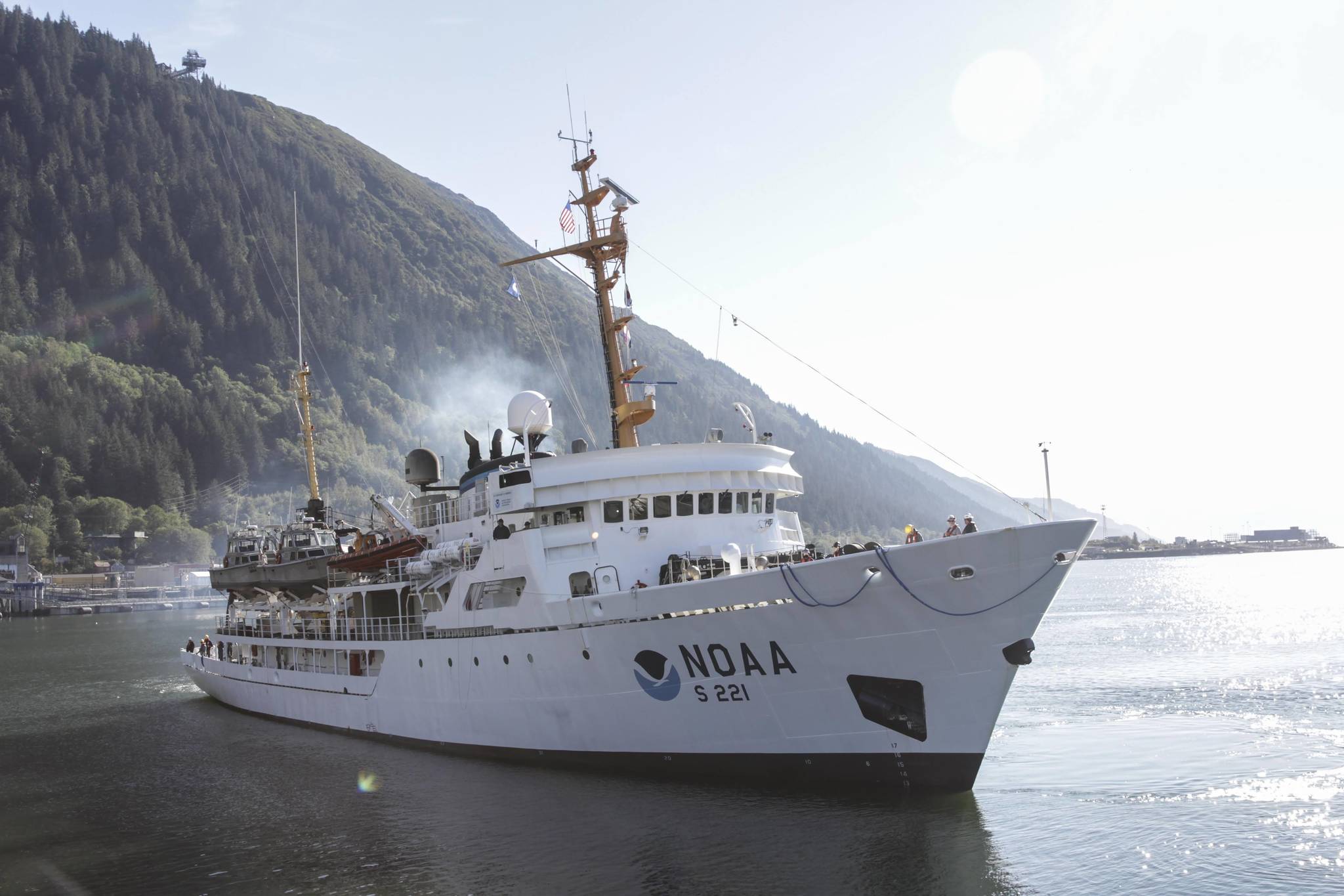 The National Oceanic and Atmospheric Administration vessel Rainier pulls into port at Coast Guard Station Juneau on Sept. 16, 2020 for rest and replenishment of stores. (Michael S. Lockett / Juneau Empire)
