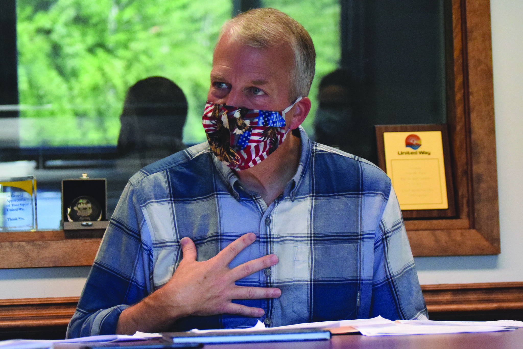 Republican Sen. Dan Sullivan of Alaska sits for an interview Thursday, Aug. 20, 2020, at the Peninsula Clarion in Kenai, Alaska. (Photo by Jeff Helminiak/Peninsula Clarion)