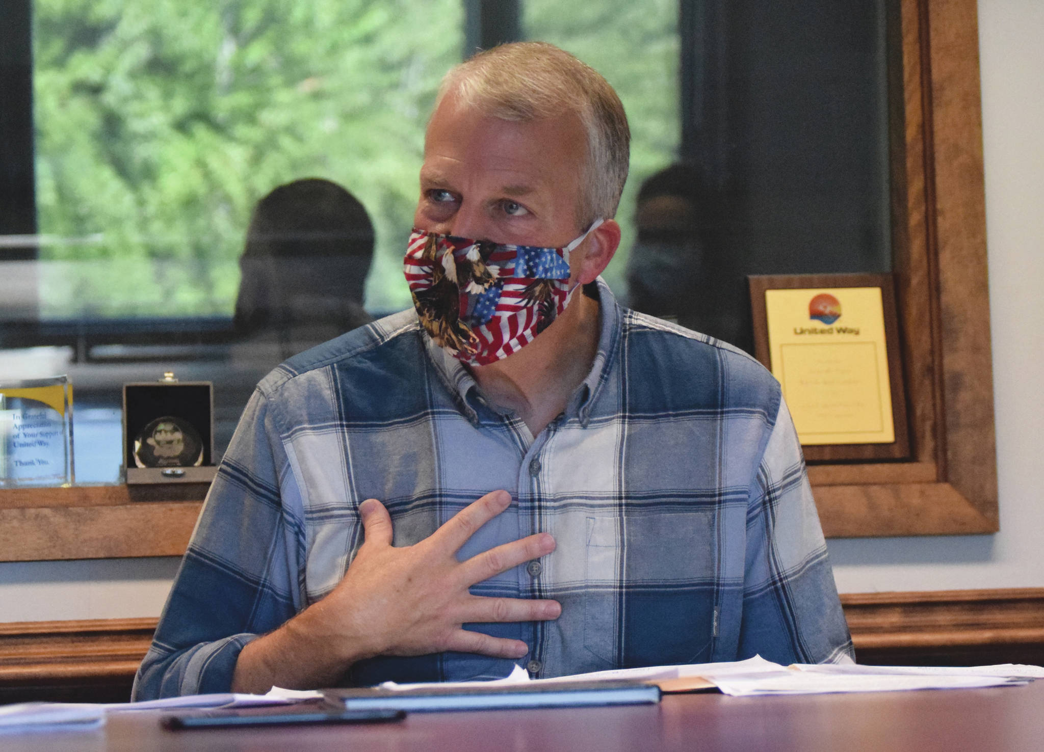 Republican Sen. Dan Sullivan of Alaska sits for an interview Thursday, Aug. 20, 2020, at the Peninsula Clarion in Kenai, Alaska. (Photo by Jeff Helminiak/Peninsula Clarion)