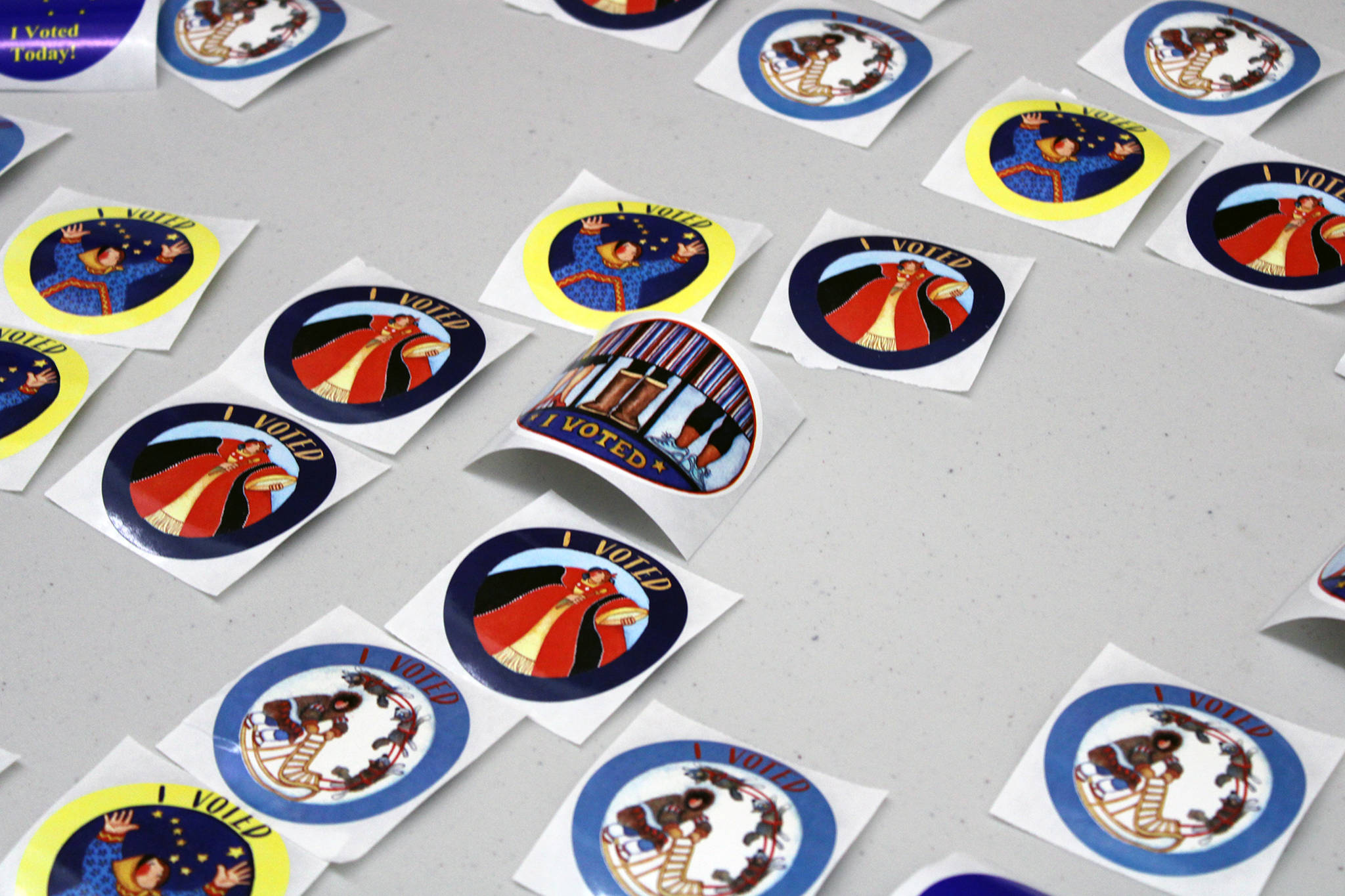 ”I Voted” stickers wait for Alaskan voters to pick them up during early in-person voting at Mendenhall Mall on Oct. 22. (Ben Hohenstatt / Juneau Empire)