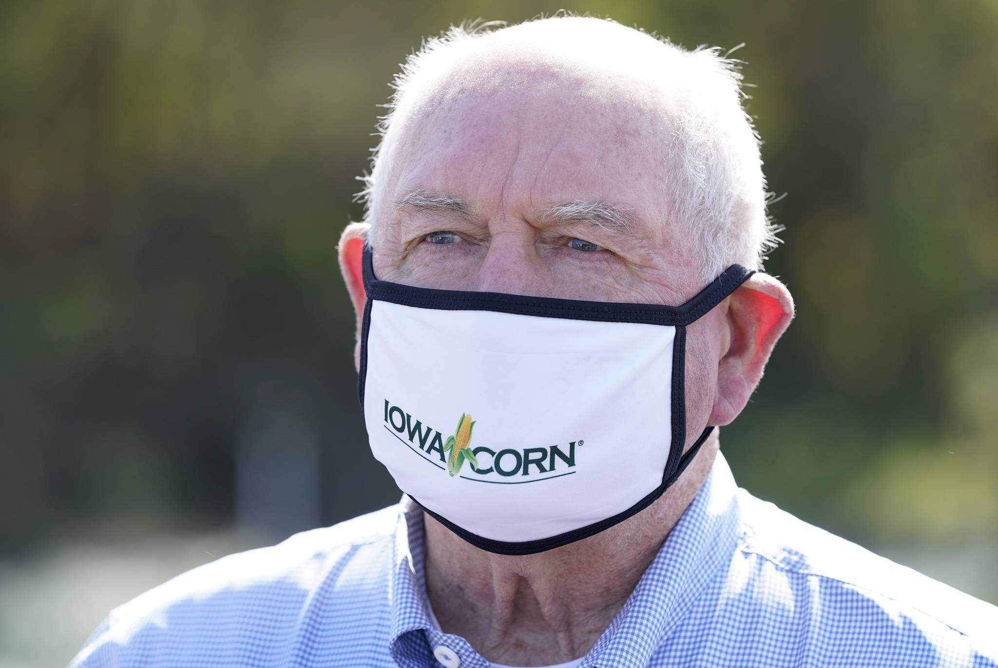 Agriculture Secretary Sonny Perdue tours a CREP wetland structure on the Heath Stolee farm, Thursday, Sept. 3, 2020, in Radcliffe, Iowa. (AP Photo / Charlie Neibergall)