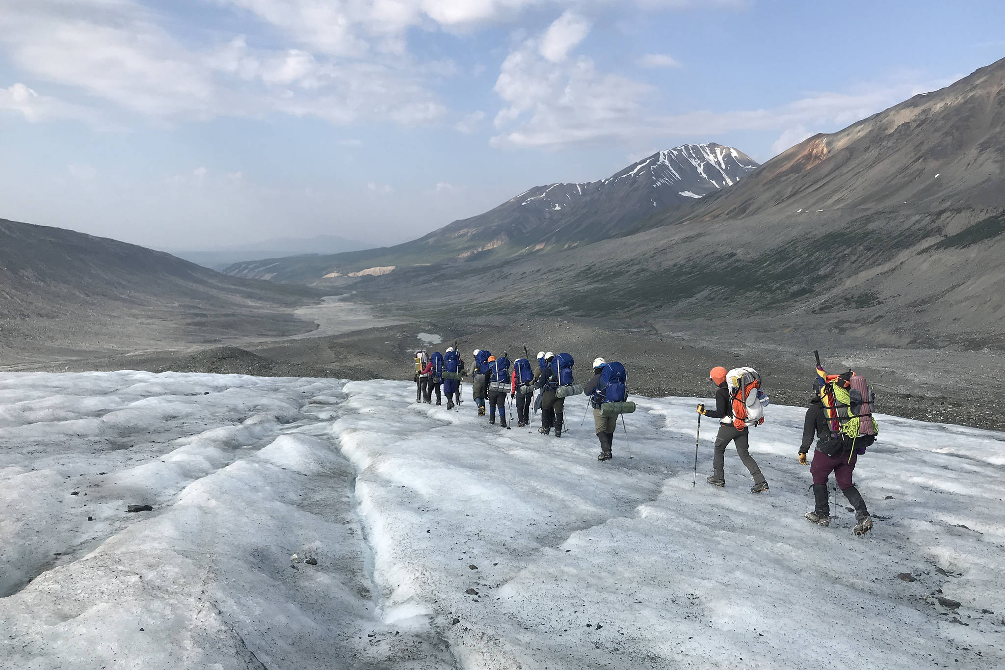 The 2019 Girls on Ice Alaska team travels down Gulkana Glacier at the end of their expedition. The group is currently accepting applications for three expeditions planned for this summer. (Courtesy Photo / Erin Cutts, Inspiring Girls Expeditions)