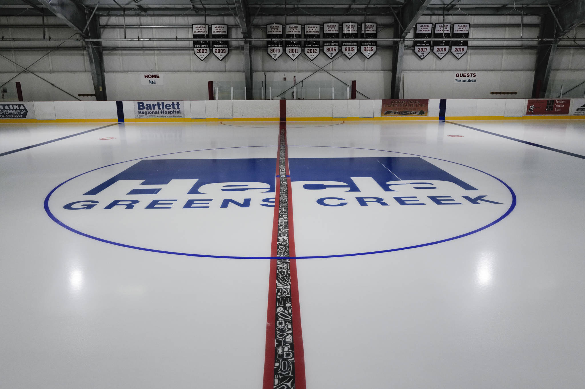 This August 2019 photos shows a redline at Treadwell Arena designed by Tsimshian artist Abel Ryan. The arena is adding new weekly events to its schedule, City and Borough of Juneau announced. (Michael Penn / Juneau Empire File)