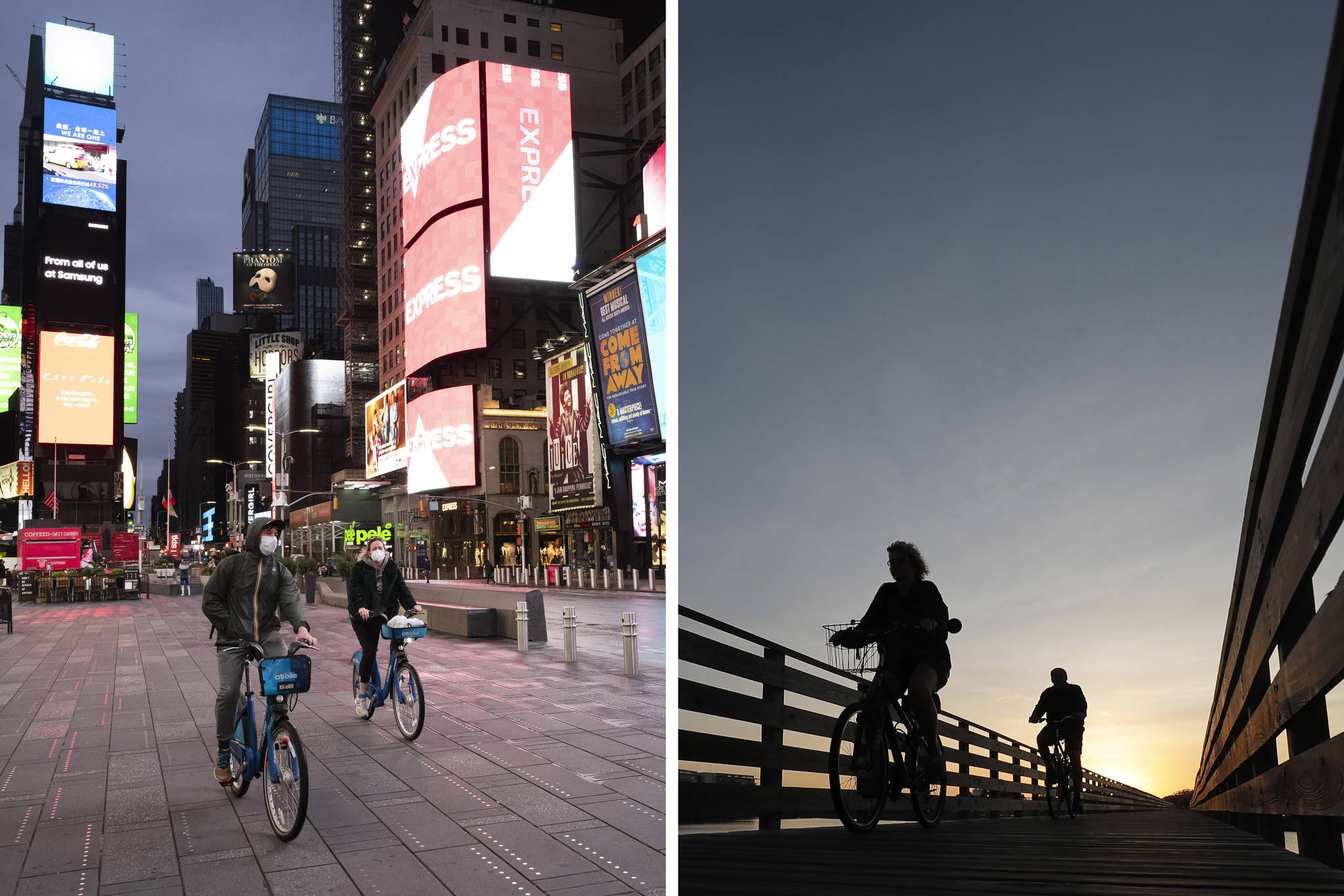 This combination of photos shows people riding bicycles in New York’s Times Square, left, on April 29, 2020, and in Gulf State Park in Gulf Shores, Ala., March 12, 2020, during the coronavirus pandemic. The human loss from the pandemic isn’t going to be reflected in the U.S. population count used for divvying up congressional seats among the states. And that could save a congressional seat for New York but cost Alabama one. (AP Photo)