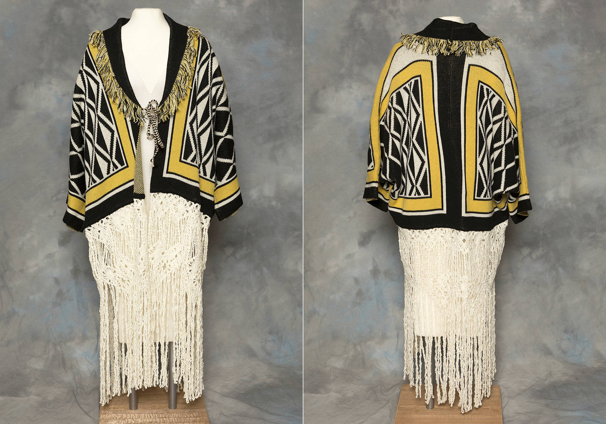 This combination of photos provided by the Sealaska Hertiage Institute in Juneau, Alaska, shows the front and back of a Tlingit Ravenstail coat. An Alaska Native cultural organization and the luxury department store Neiman Marcus have settled a lawsuit over the sale of a coat with a copyrighted, geometric design borrowed from indigenous culture. (Brian Wallace / Sealaska Heritage Institute)