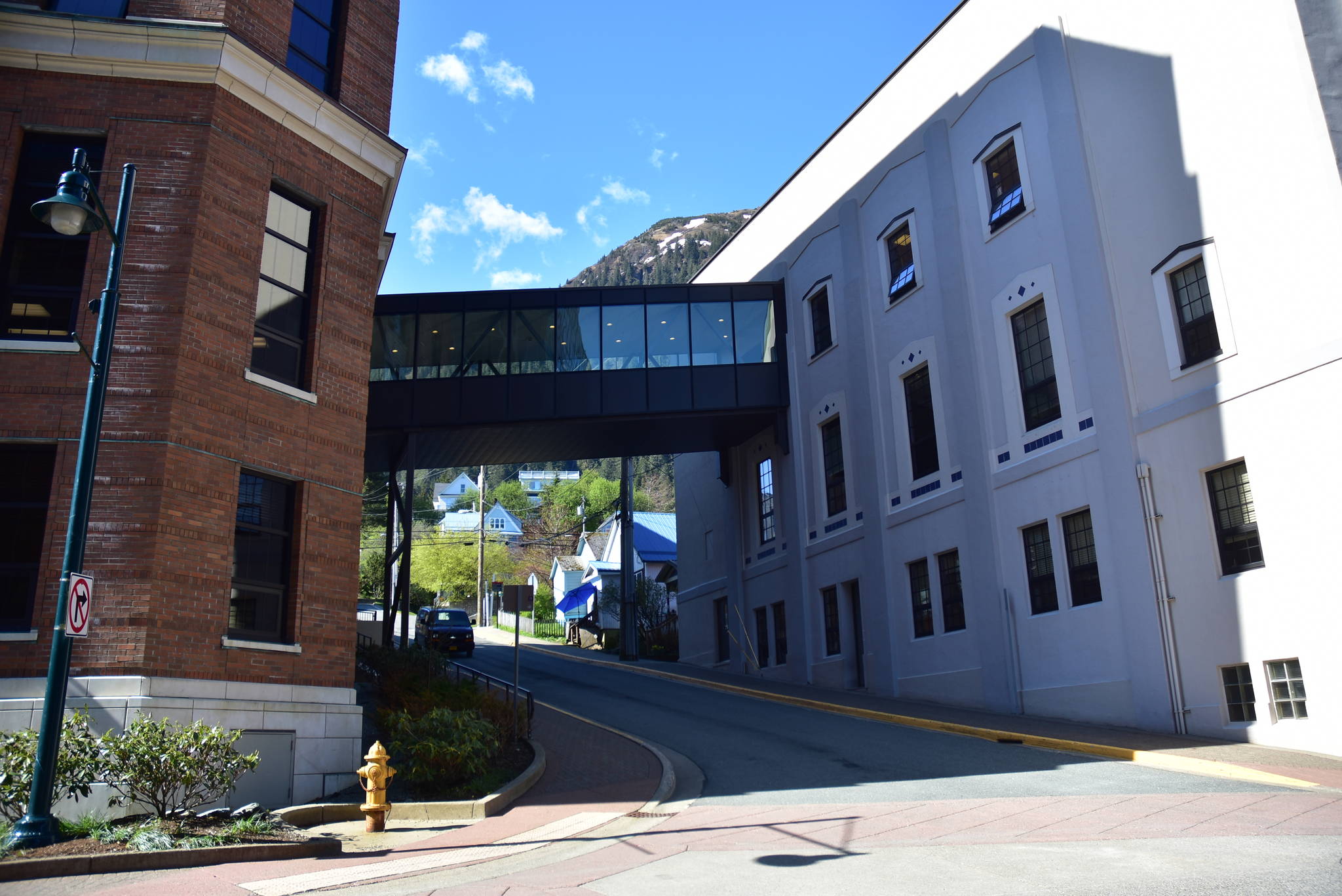 The Juneau Police Department investigated a suspicious package placed underneath the skybridge to the Capitol on May 18, 2021. It was determined not to be a threat. (Peter Segall / Juneau Empire)