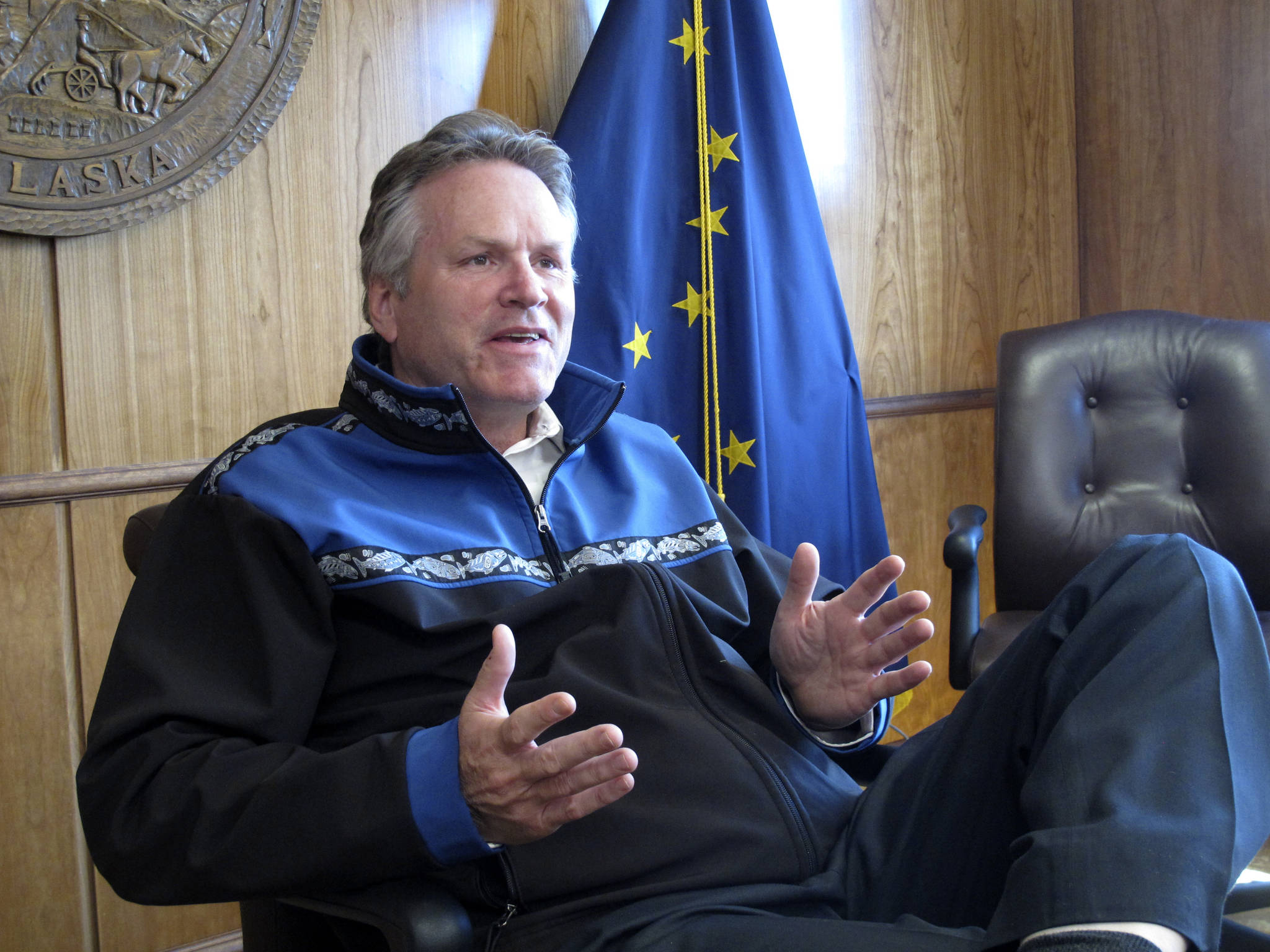 Gov. Mike Dunleavy gives an interview in the state Capitol on Monday, June 7, 2021, in Juneau, Alaska. The governor urged legislative action on his proposal for the dividend paid to residents from the Permanent Fund. (AP Photo / Becky Bohrer)