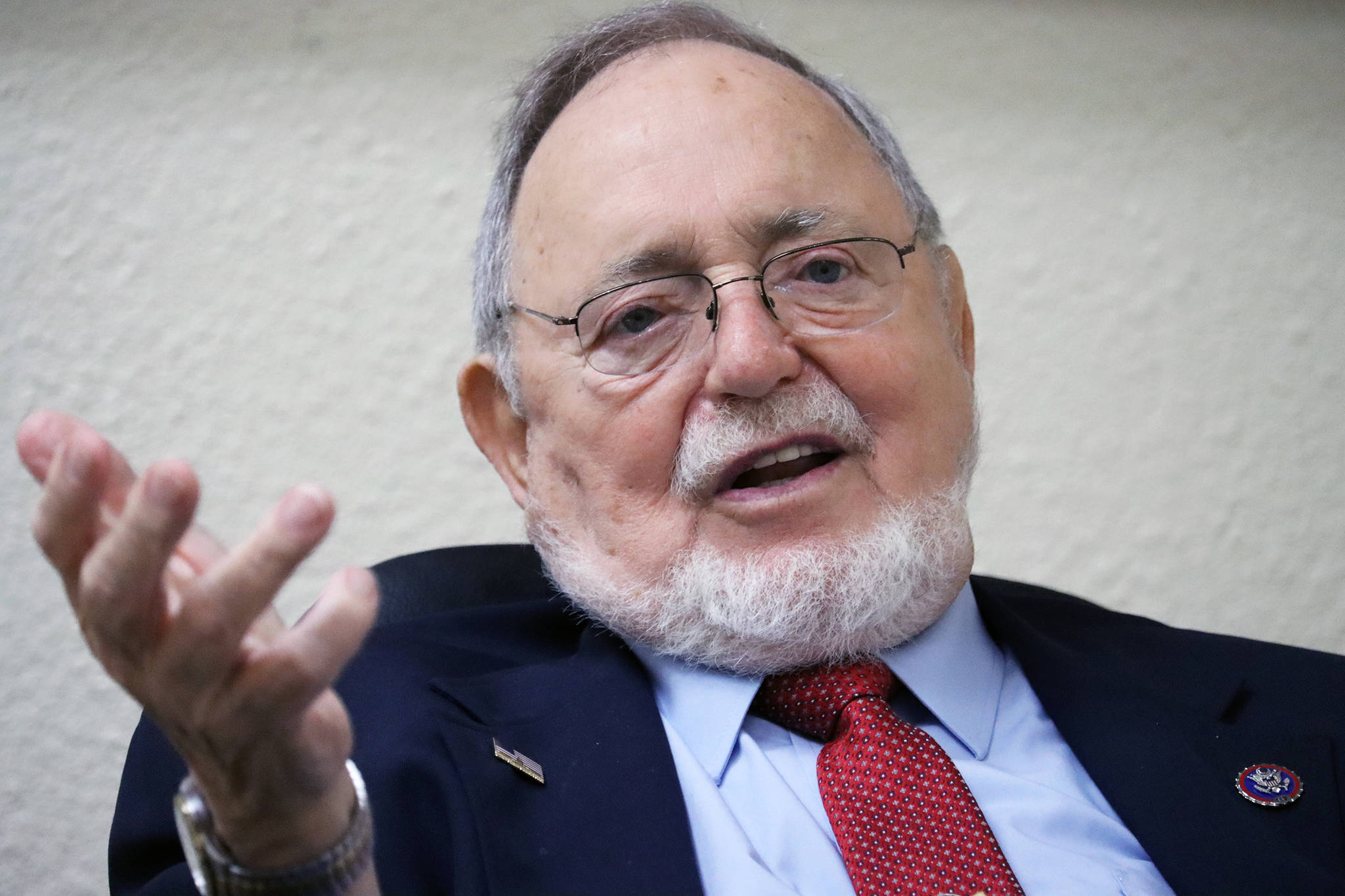 Rep. Don Young, R-Alaska, talks during an interview in the Empire's offices. During the conversation, Young discussed ongoing infrastructure bill negotiations, the Arctic's strategic importance to the U.S. and why he's seeking a 26th term in the U.S. House of Representatives. (Ben Hohenstatt / Juneau Empire)