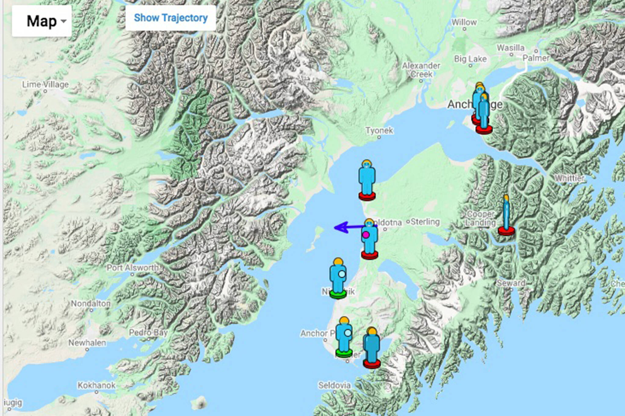 A screenshot of a website created for the American Meteor Society showing reports from Alaska residents about a fireball that exploded above Alaska on Sept. 30, 2021.  The blue arrow is the estimated direction of the fireball. (Screenshot)