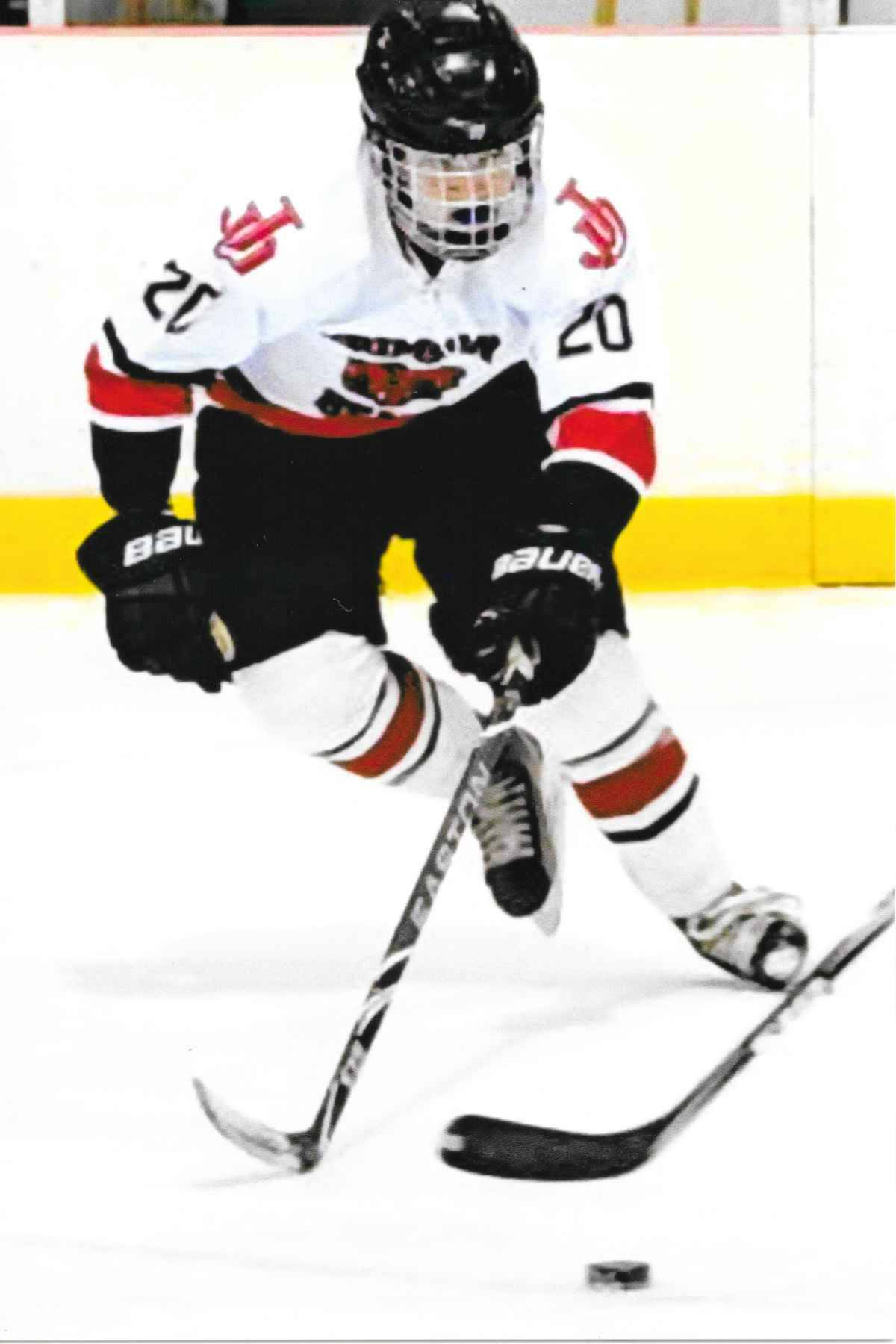This photo shared by the Campbell family shows Matthew Campbell, who wore No. 20 when playing for the Crimson Bears. It’s the same number now worn by younger brother, Brandon Campbell. Matthew died in 2020, and the Campbell family continues his legacy with an annual award recognizing two local hockey players for their kindness and sportsmanship. (Courtesy Photo)