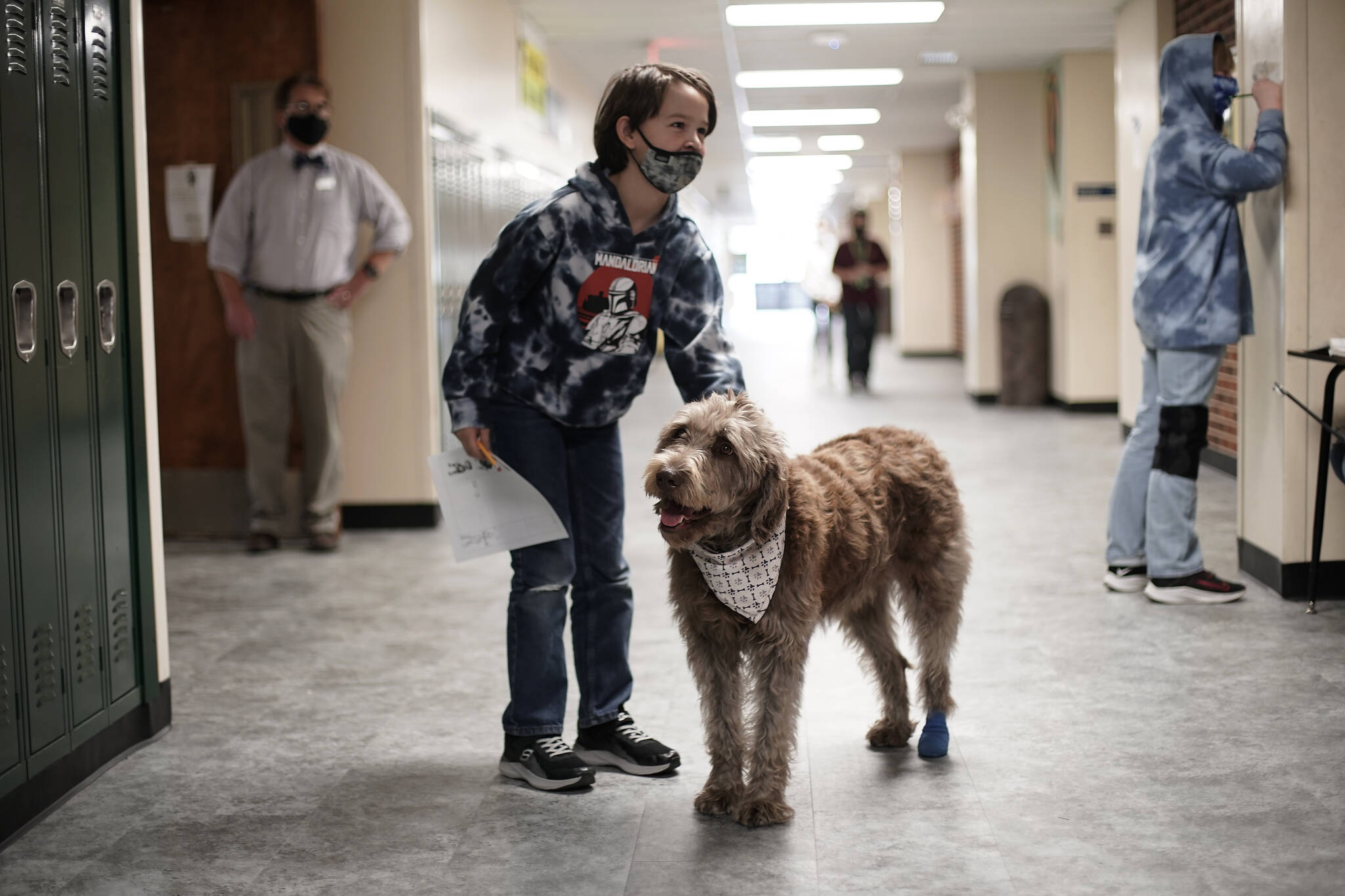 A student pets Wilson, a therapy dog, in a hallway at French Middle School, Wednesday, Nov. 3, 2021, in Topeka, Kan. The dog is one of the tools designed to relieve stresses faced by students as they return to classrooms amid the ongoing pandemic. State health officials say nationwide trends in mental health issues are worse in Alaska. (AP Photo/Charlie Riedel)