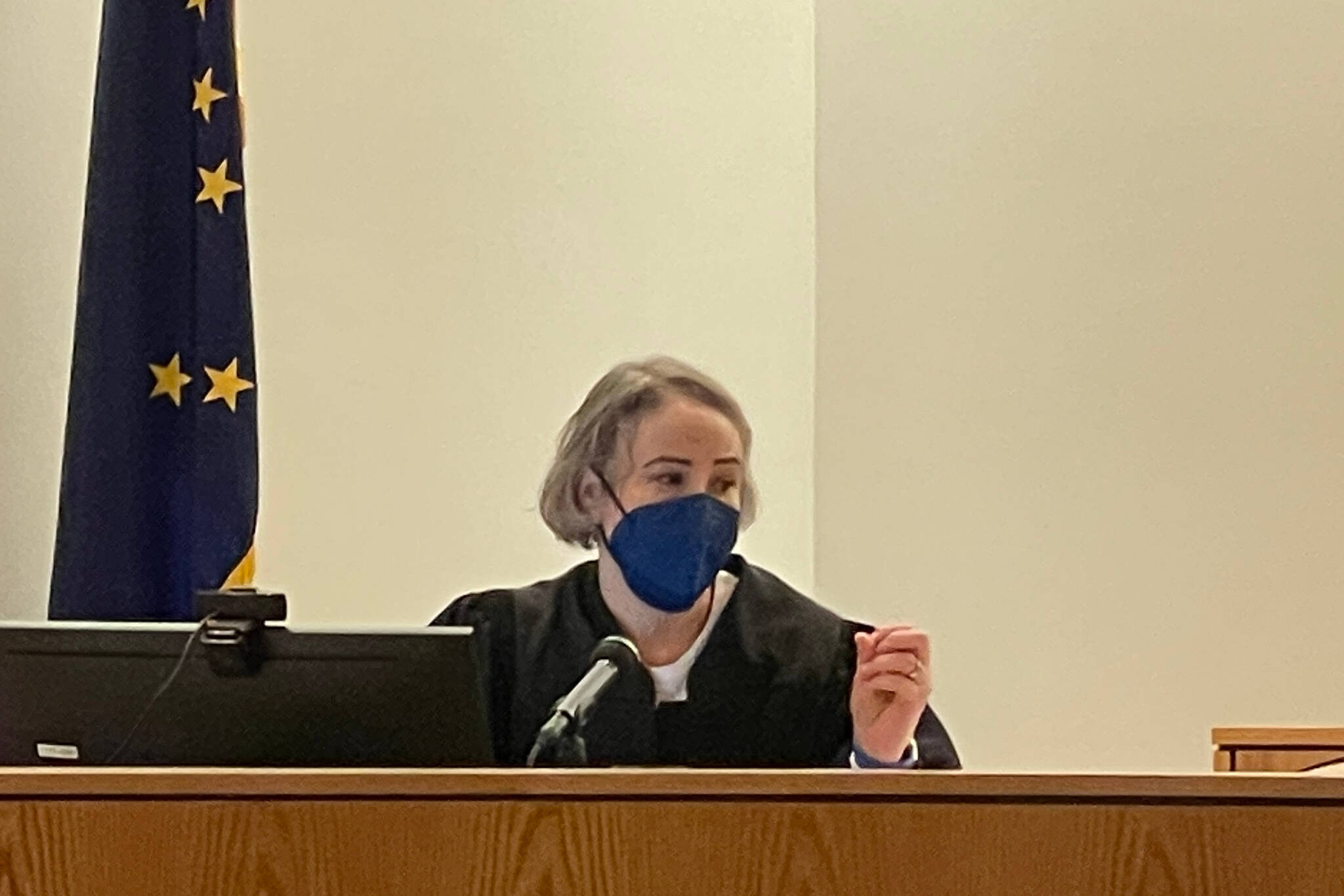 Superior Court Judge Amy Mead delivers an instruction in court on Thursday, Jan. 13, 2022, as she presides over the case of a man charged with killing his friend. (Michael S. Lockett / Juneau Empire)