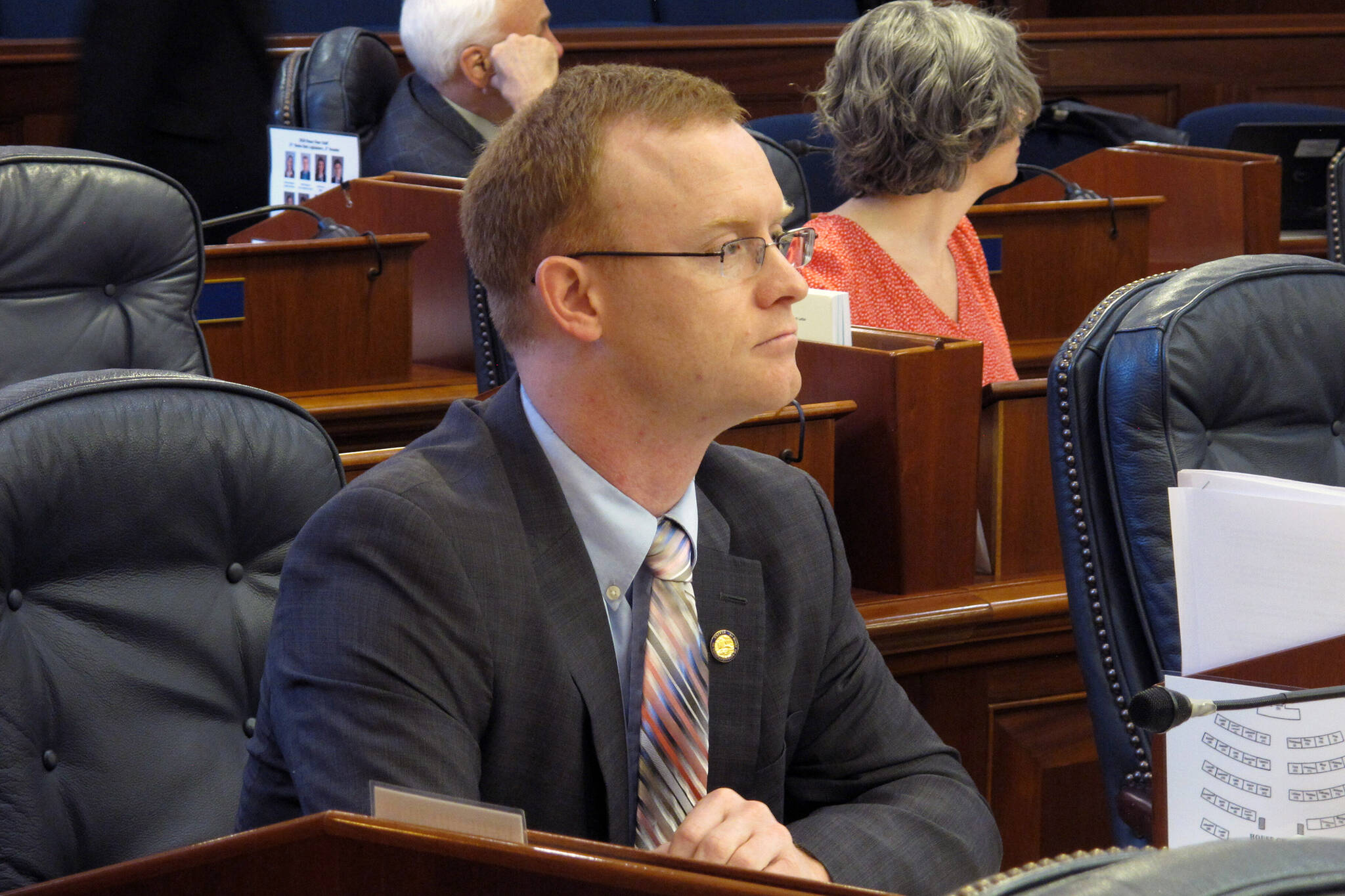 Alaska Rep. David Eastman sits at his desk on the Alaska House floor in Juneau, Alaska, on March 5, 2020. (AP Photo / Becky Bohrer)