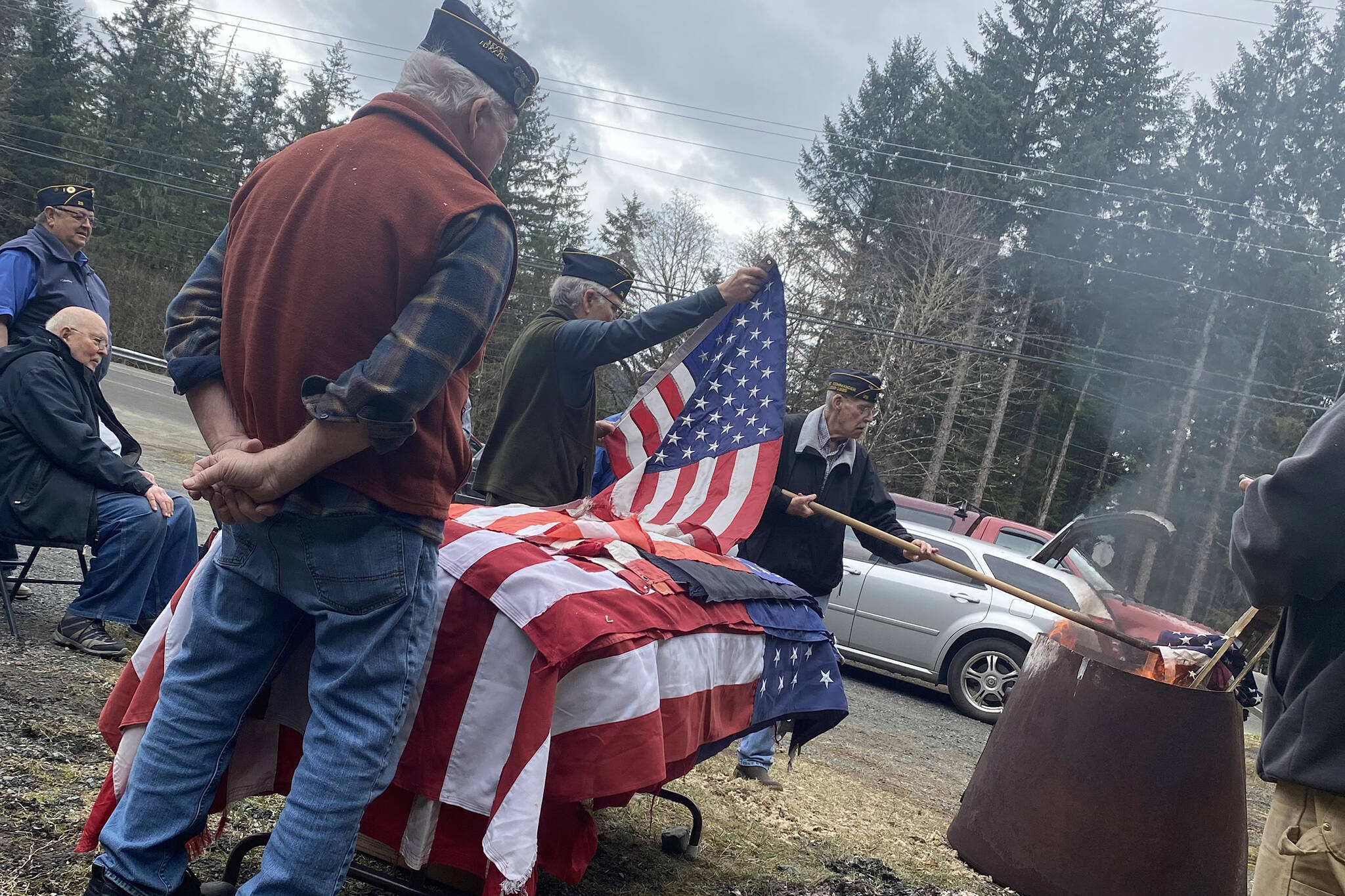 American Legion Auke Bay Post 25 disposed of the flags that were collected over the past winter. The flags were disposed of in a ceremony and in accordance with regulations.  (Courtesy Photo / Jordin Michelle Sember)