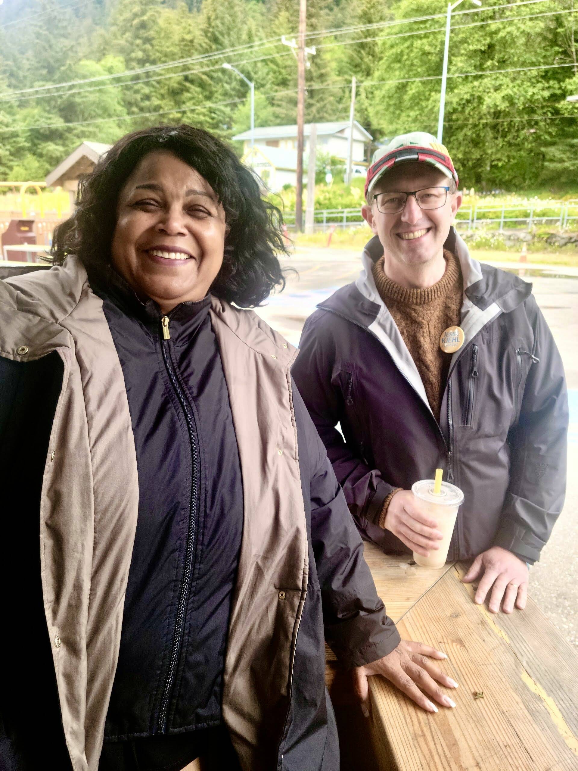 Black Awareness Association president Sherry Patterson, left and Sen. Jesse Kiehl D-Juneau spoke at the Juneteenth celebration and fundraiser near Twin Lakes on June 19, 2022. (Christina Michelle / Courtesy Photo)