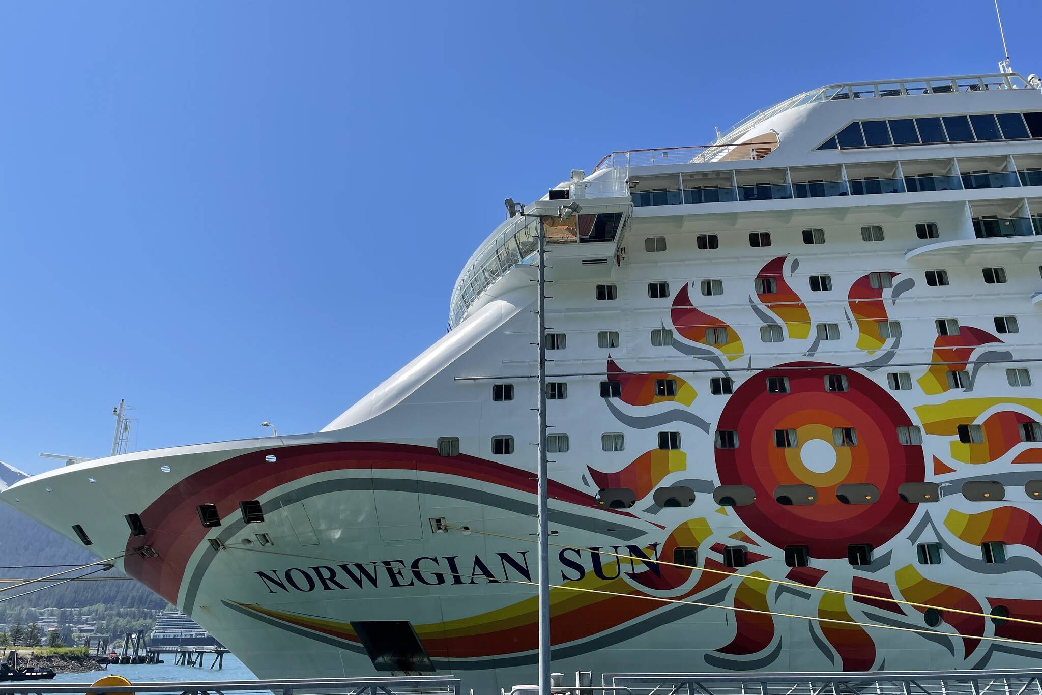 The Norwegian Sun sat moored in Juneau on Monday after striking striking ice Saturday afternoon near Yakutat Bay on its way to Skagway. (Michael S. Lockett / Juneau Empire)