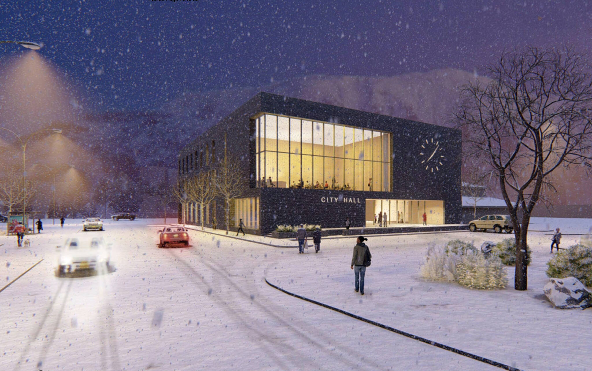 An artist’s depiction shows winter view of a proposed new Juneau City Hall at 450 Whittier St. in Juneau that would cost roughly $40 million. A bond asking voters to approve most of the funding is likely to appear on the Oct. 4 municipal election ballot. (Courtesy Image / North Wind Architects)