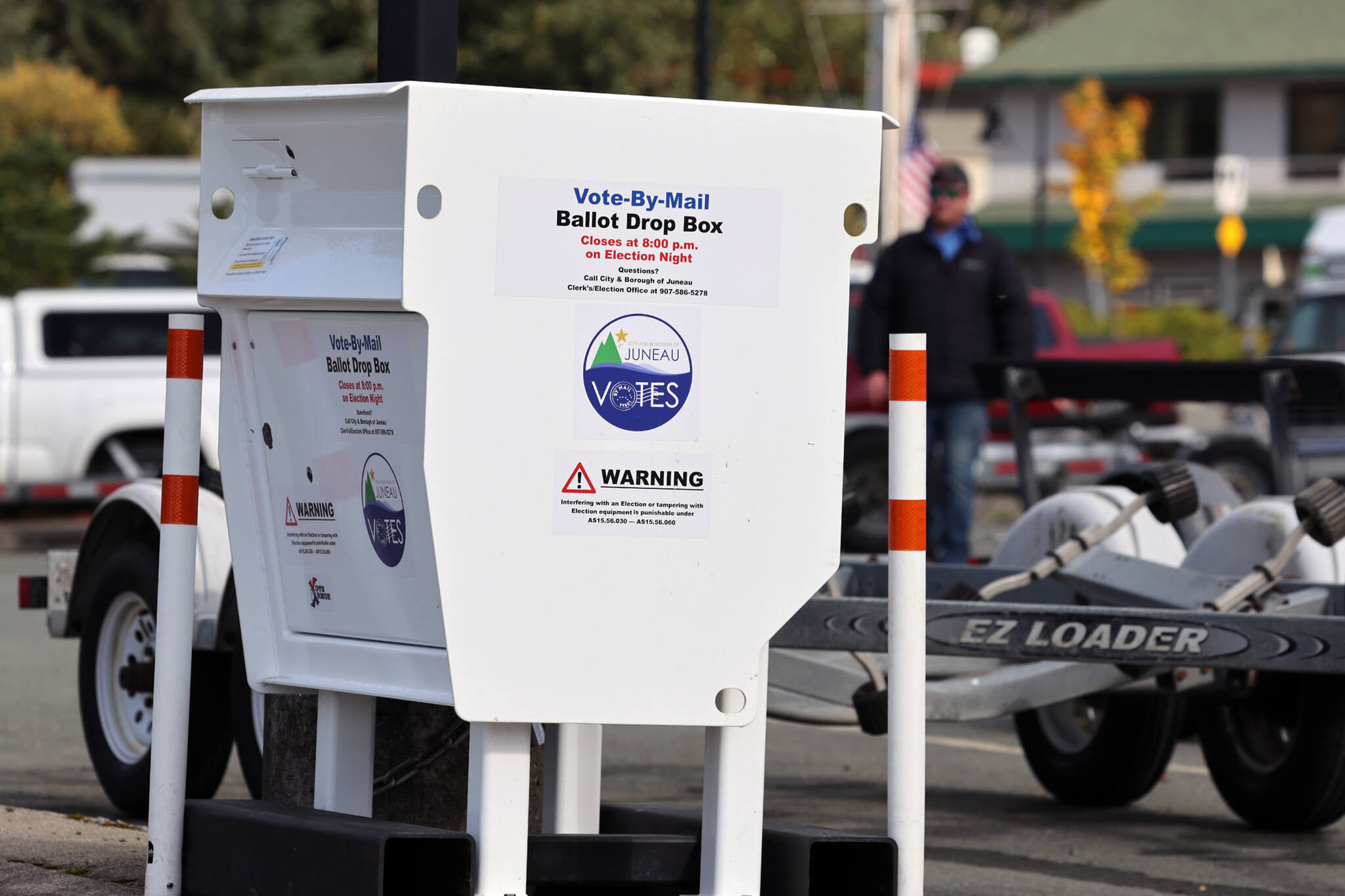 The ballot drop box at Don D. Statter Harbor is one of a few places voters in Juneau can cast their ballots, which were mailed on Tuesday. There is also a drop box at the Douglas Public Library/ Fire Station. Additionally, there will be voting centers at City Hall and the Mendenhall Valley Public Library, and voters can mail their ballots via the U.S. Postal Service. More information, including voting center hours, is available online at https://juneau.org/clerk/elections. (Ben Hohenstatt / Juneau Empire)