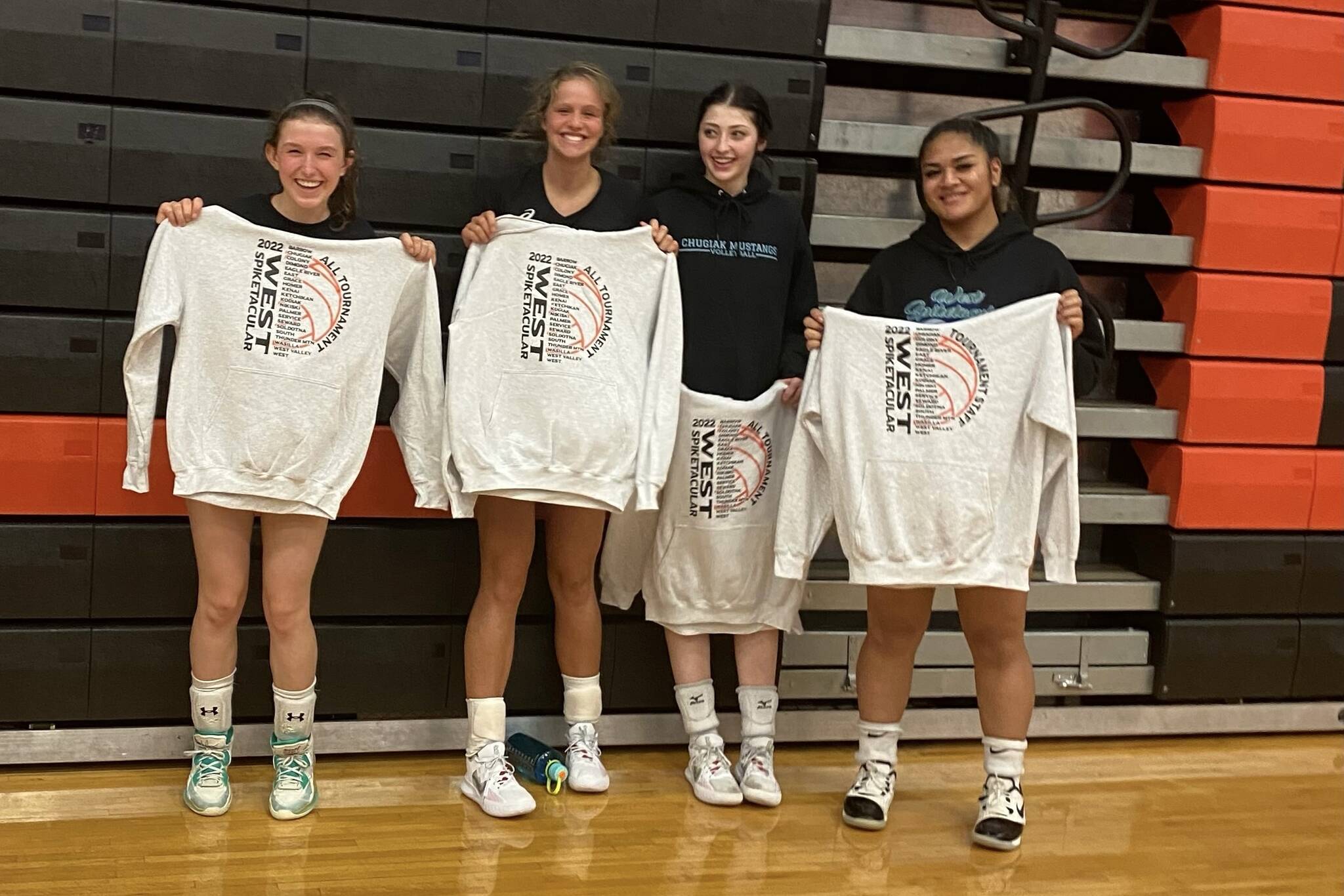 Senior Moana Tuviafale of Thunder Mountain High School (far right) was named to the all-tournament team at this year’s Spiktacular tournament this weekend at West Anchorage High School. From left to right, other players in photo are Hayden Inman of Chugiak High School, Liyah Pilgrim of Colony High School and Marija Wunnicke of South High School. (Courtesy Photo / Julie Herman)