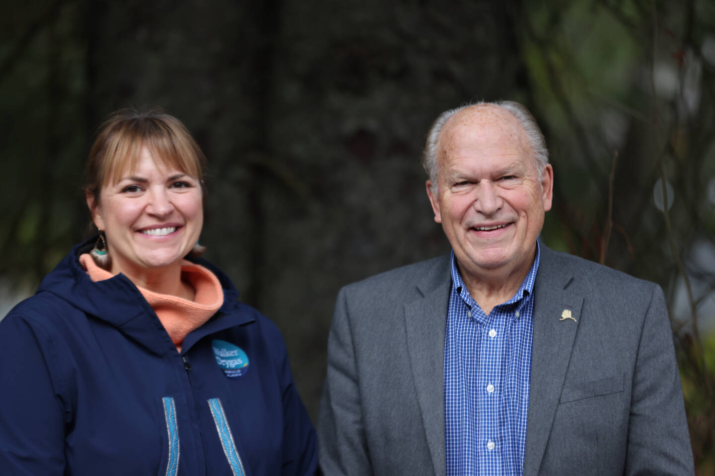 Heidi Drygas, who is running for lieutenant governor, and Bill Walker, who is running for governor, smile outside the Juneau Empire’s offices after an interview this week. Walker said he’s hopeful voters will understand his decision to draw from the Alaska Permanent Fund to fund state government. (Ben Hohenstatt / Juneau Empire)