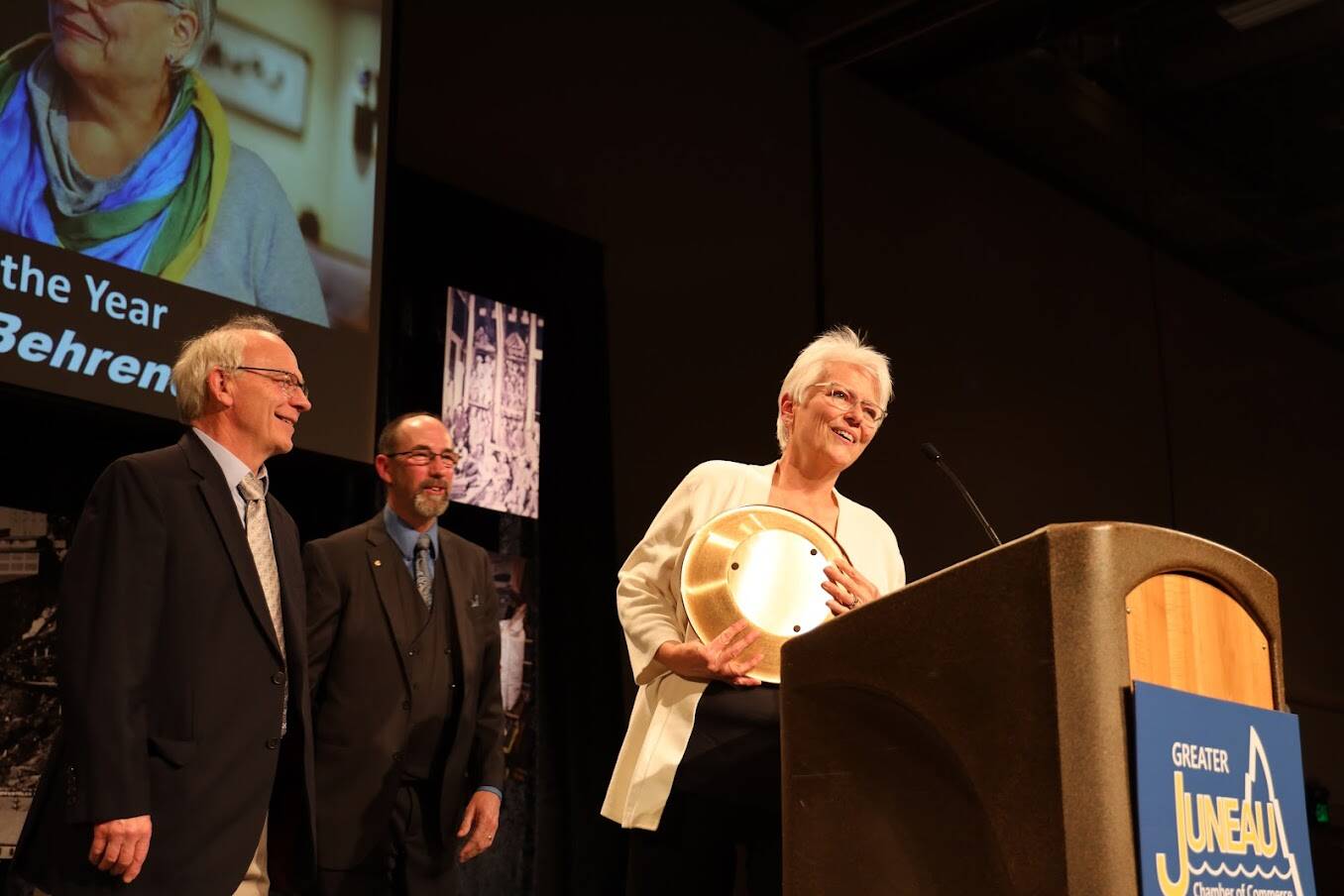 Dick and Candy Behrends, married couple and co-owners of Behrends Mechanical Inc., accept a surprise Citizens of the Year award. They were thanked by board members for their contribution to the Juneau community both charitably and through their volunteer work over many years. (Clarise Larson / Juneau Empire)