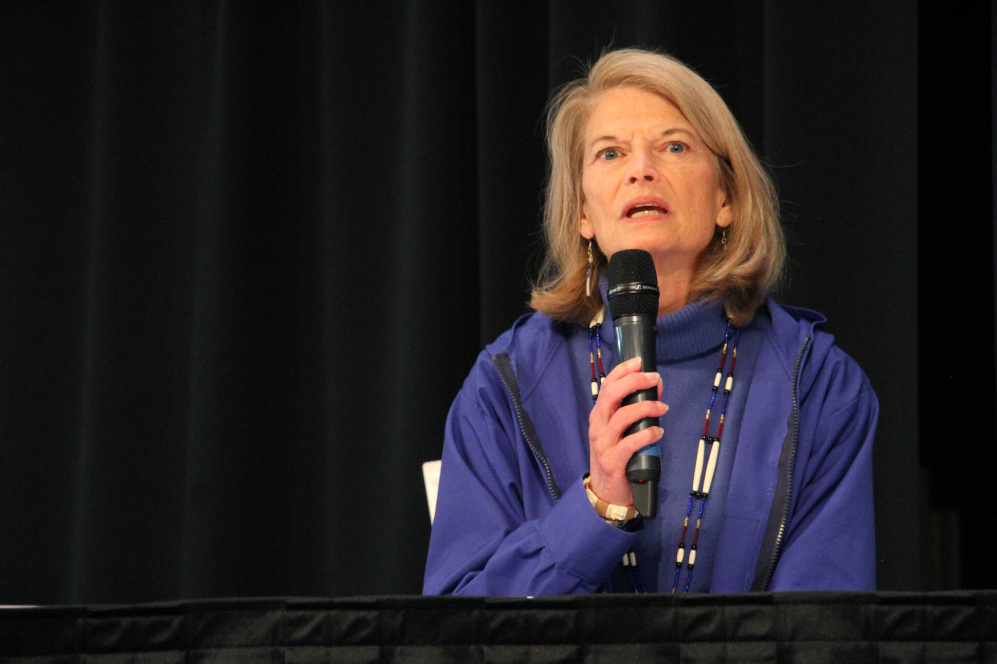 U.S. Sen. Lisa Murkowski, a Republican seeking re-election, answers a question during a candidate forum, Saturday, Oct. 22, 2022, in Anchorage, Alaska. She faces Republican Kelly Tshibaka and Democrat Pat Chesbro in the Nov. 8, 2022, election. (AP Photo / Mark Thiessen)