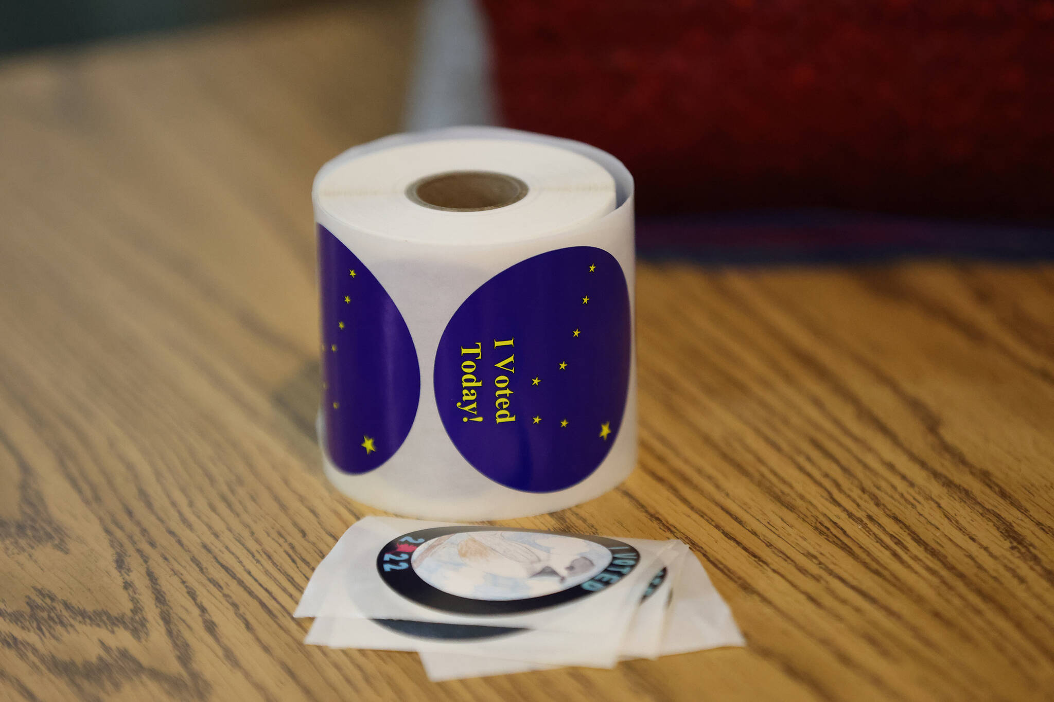 A roll of "I Voted" stickers await voters on Election Day in Alaska. Voters overwhelmingly rejected the prospect of a state constitutional convention. (Ben Hohenstatt / Juneau Empire File)