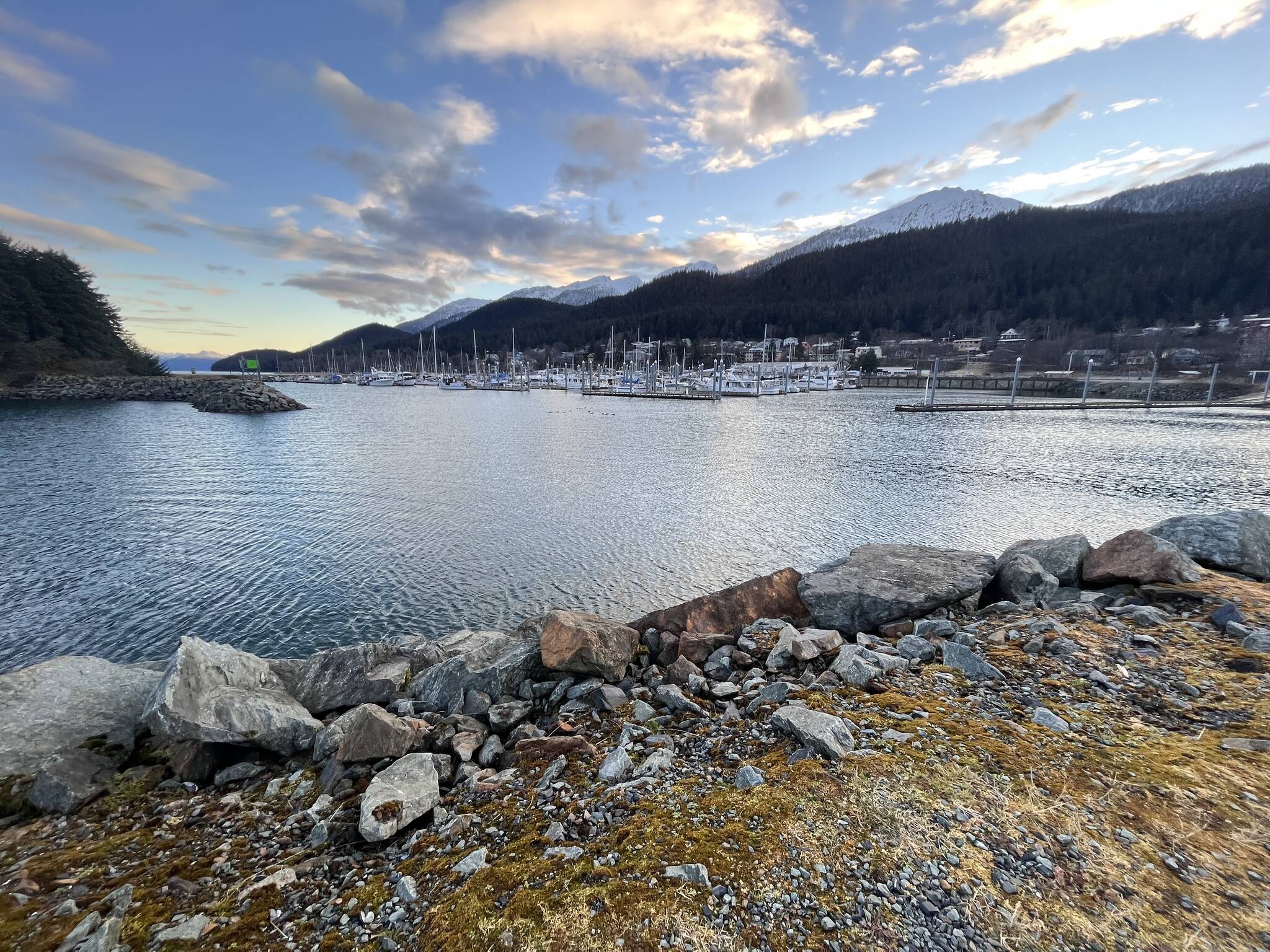 Wind blows a shimmer over the water at the Douglas Harbor Sunday afternoon. Taku Winds along with single-digit temperatures are expected to hit downtown Juneau and Douglas in the early hours of Tuesday morning and are predicted to last until later Tuesday evening. (Clarise Larson / Juneau Empire)