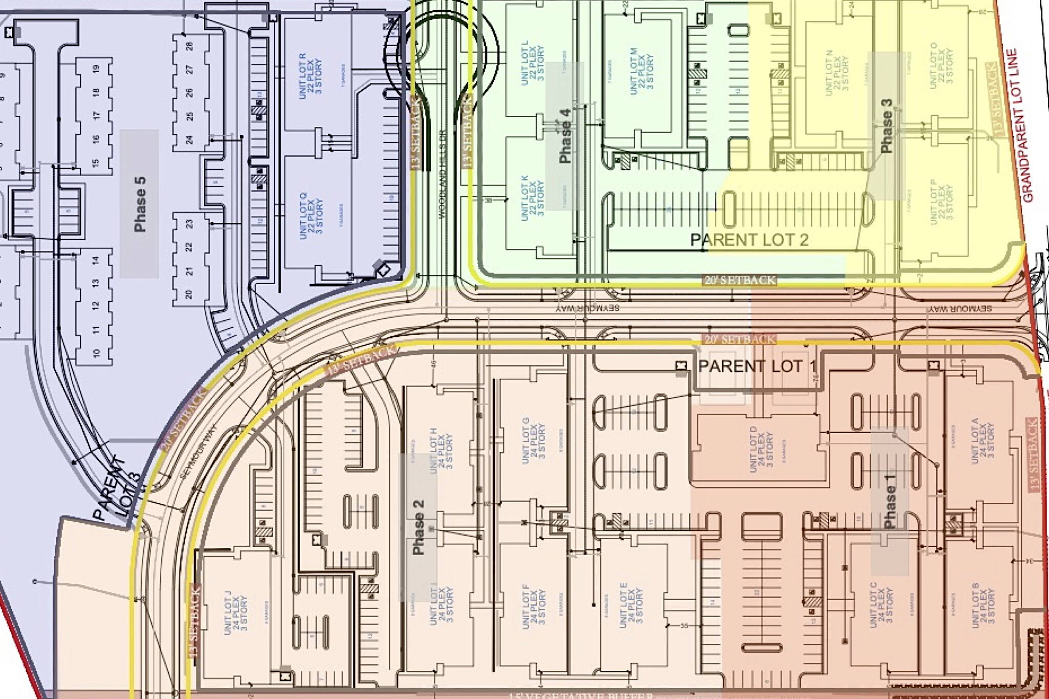 A map shows the planned phases for the Ridgeview subdivision, which as proposed will have up to 444 housing units upon completion. The Juneau Planning Commission approved 96 units as Phase 1 of the project, highlighted in the lower right, at its meeting Tuesday. (Rooftop Properties, LLC)