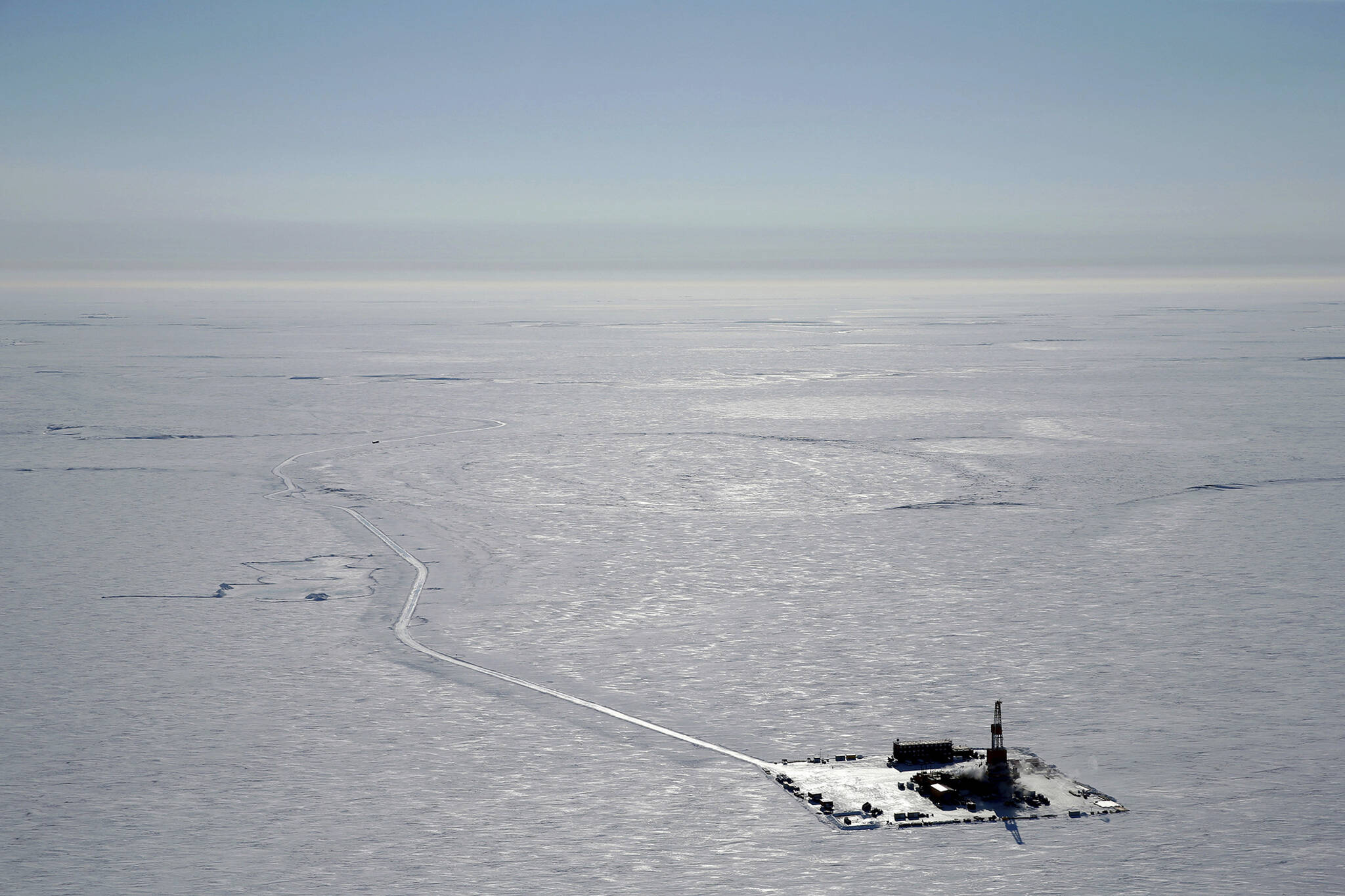 This 2019 aerial photo provided by ConocoPhillips shows an exploratory drilling camp at the proposed site of the Willow oil project on Alaska’s North Slope. Pressure is building on the social media platform TikTok to urge President Joe Biden to reject an oil development project on Alaska’s North Slope from young voters concerned about climate change. That’s blunted by Alaska Native leaders who support ConocoPhillips’ development called Willow. (ConocoPhillips)