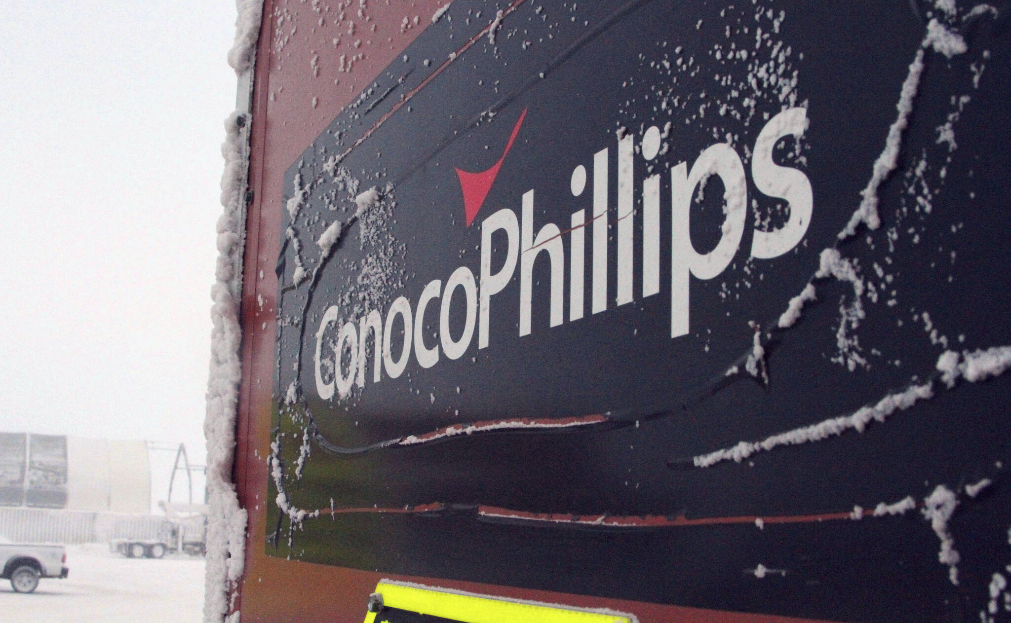 An ice-covered ConocoPhillips sign is displayed at the Colville-Delta 5, or as it's more commonly known, CD5, drilling site on Alaska's North Slope, Feb. 9, 2016. Construction can proceed related to a major oil project on Alaska’s petroleum-rich North Slope after a federal judge on Monday, April 3, 2023, rejected requests to halt work until challenges to the Biden administration’s recent approval are resolved. (AP Photo / Mark Thiessen)