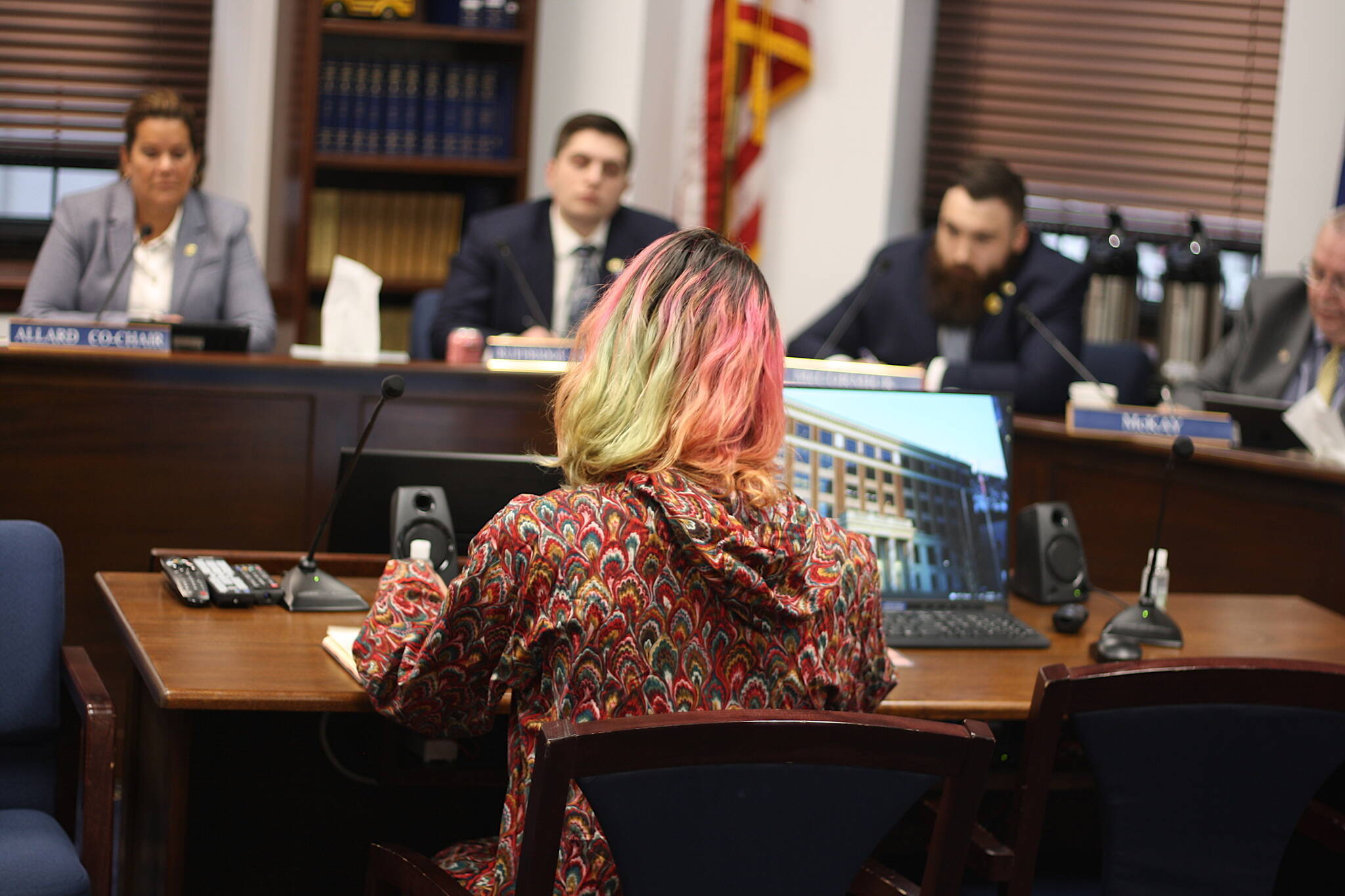 Apayauq Reitan, the first transgender woman to participate in the Iditarod, tells the House Education Committee on March 30 why she opposes a bill restricting sex and gender content in schools. A second meeting for public testimony is scheduled Thursday. (Mark Sabbatini / Juneau Empire)