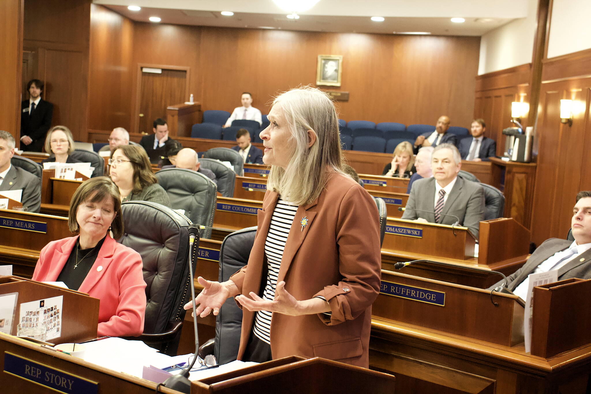 State Rep. Andi Story, D-Juneau, discusses what she considers inadequacies in state education funding during floor debate Monday about the House’s proposed budget for the coming fiscal year. The budget approved by a 23-17 vote will next be considered by the Senate, with a compromise version likely drafted to resolve differences before the end of the session. (Mark Sabbatini / Juneau Empire)