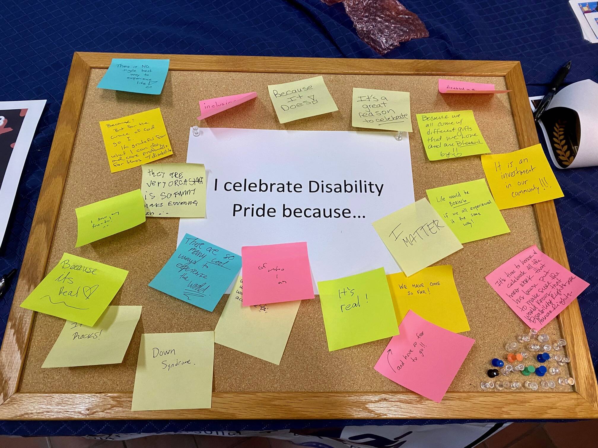 A disability pride activity sits in the lobby of Gold Town Theater. Southeast Alaska Independent Living hosted a showing of the movie “The Peanut Butter Falcon” on Wednesday to celebrate Disability Pride Month. (Photo by Claire Stremple/Alaska Beacon)