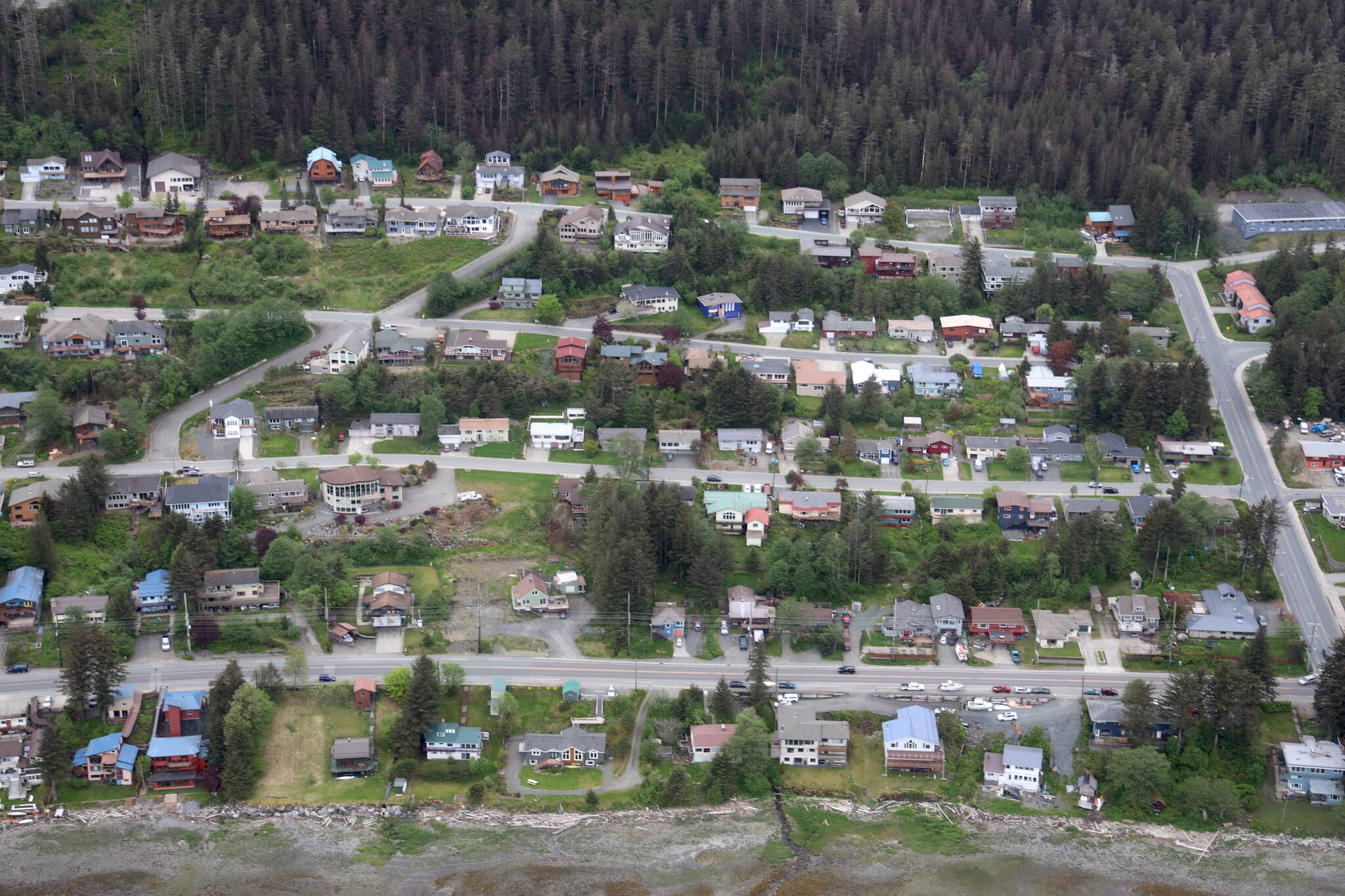 Rows of houses line Douglas Highway in late May. On Monday the Assembly approved a program that will offer $13,500 to the first 16 eligible Juneau residents who apply with the city’s Accessory Dwelling Unit Grant Program to go toward constructing an accessory dwelling unit on their property. (Clarise Larson / Juneau Empire File)