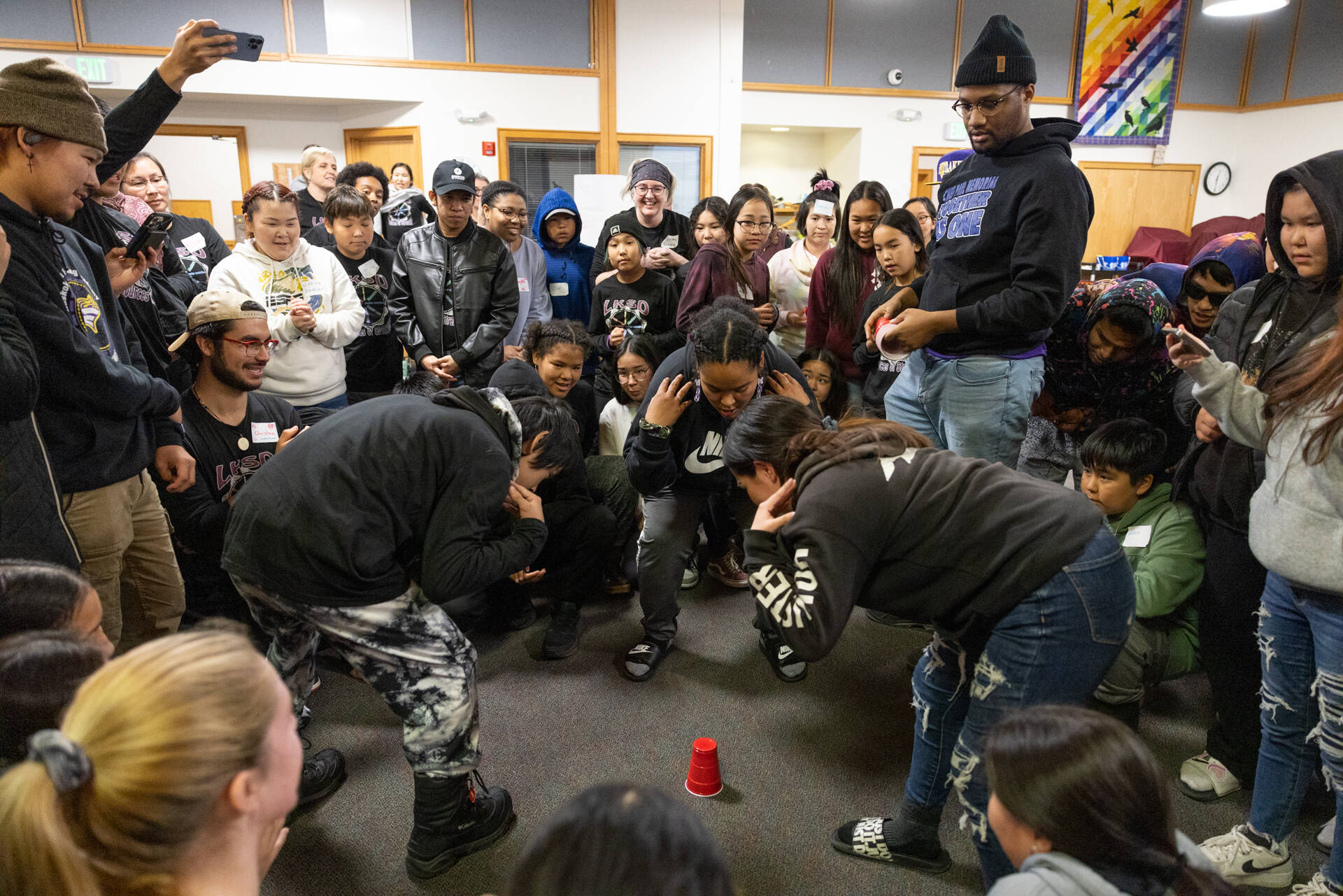 Students compete in a game at the Sources of Strength training in Bethel on Oct. 10. (Photo by Katie Basile for the Alaska Beacon)